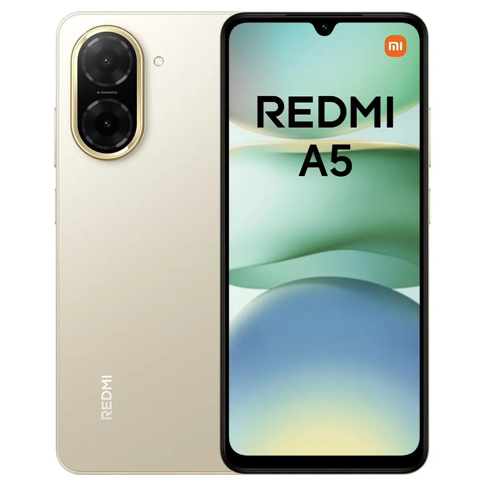 Redmi A5 Smartphone, 4+128GB, Oro, dual camera con AI da 32MP, ampia batteria da 5200mAh (typ), potente processore octa-core, display immersivo da 6,88" a 120Hz (caricatore non incluso)