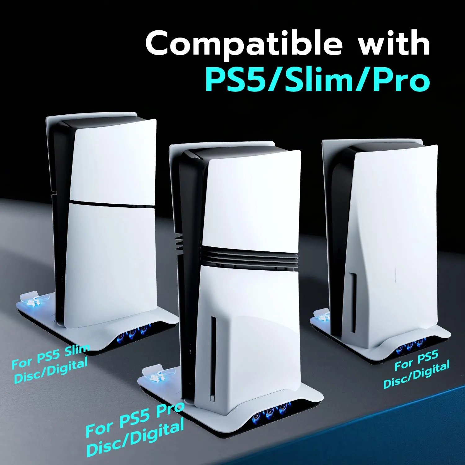 Tolesum Supporto per PS5/Slim/Pro con Ventola di Raffreddamento, Base Stazione Ricarica Joystick PS5, PS5 Supporto Verticale Raffreddamento con 2 Carica USB &3 marcia Velocità del vento per PS5 Gadget