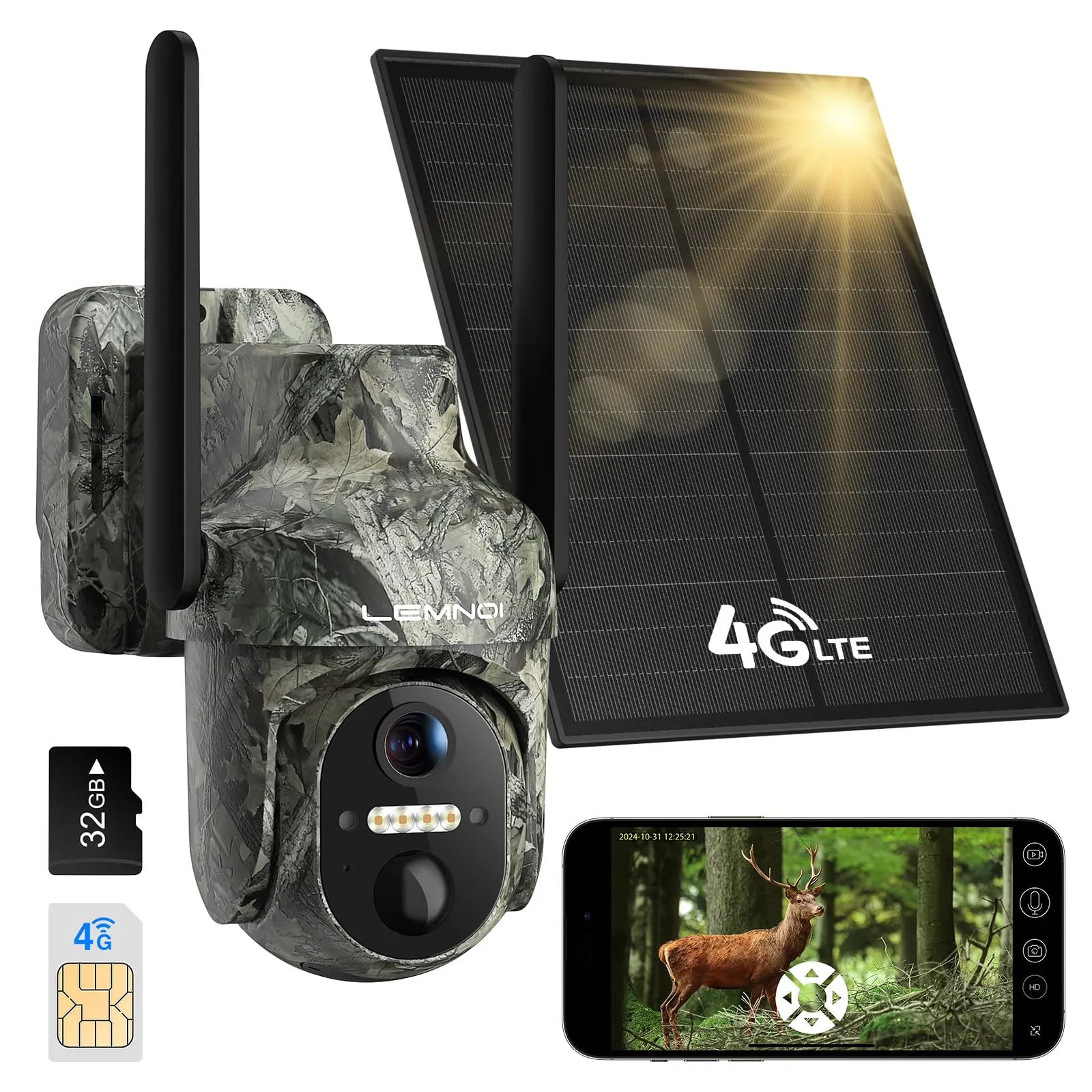 LEMNOI Fotocamera da Caccia 4G con SIM Preinstallato, Fototrappola Solare con Infrarossi Invisibili, 2K Telecamera di Sorveglianza con Visione Notturna a Colori, Rilevamento PIR, IP66 Impermeabile