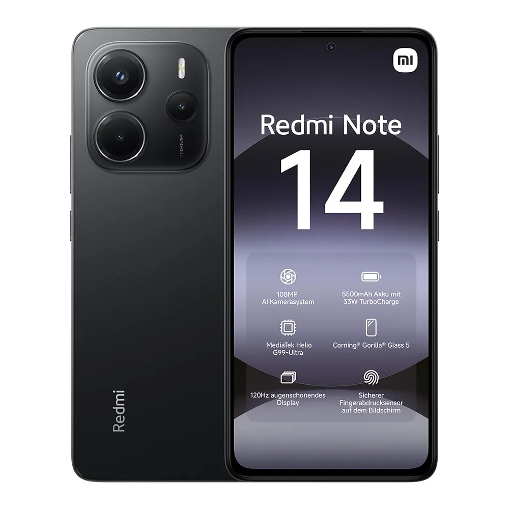 Smartphone Xiaomi Redmi Note 14, 6+128GB, Sistema fotografico con AI da 108MP, batteria da 5500mAh, display Eye-Care da 120Hz, funzionalità AI (caricabatterie non incluso), Nero