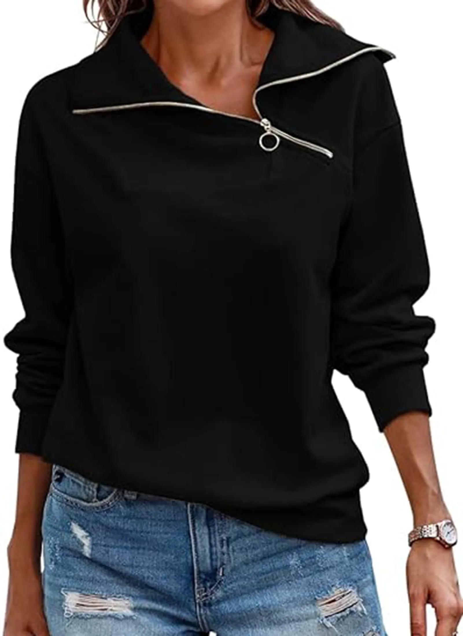 Cuptacc Felpa Donna Autunno Elegante Mezza Zip Top Maniche Lunghe Donna Scollo a V Tinta Unita Basic Maglia Nero, XX-Large XXL 50