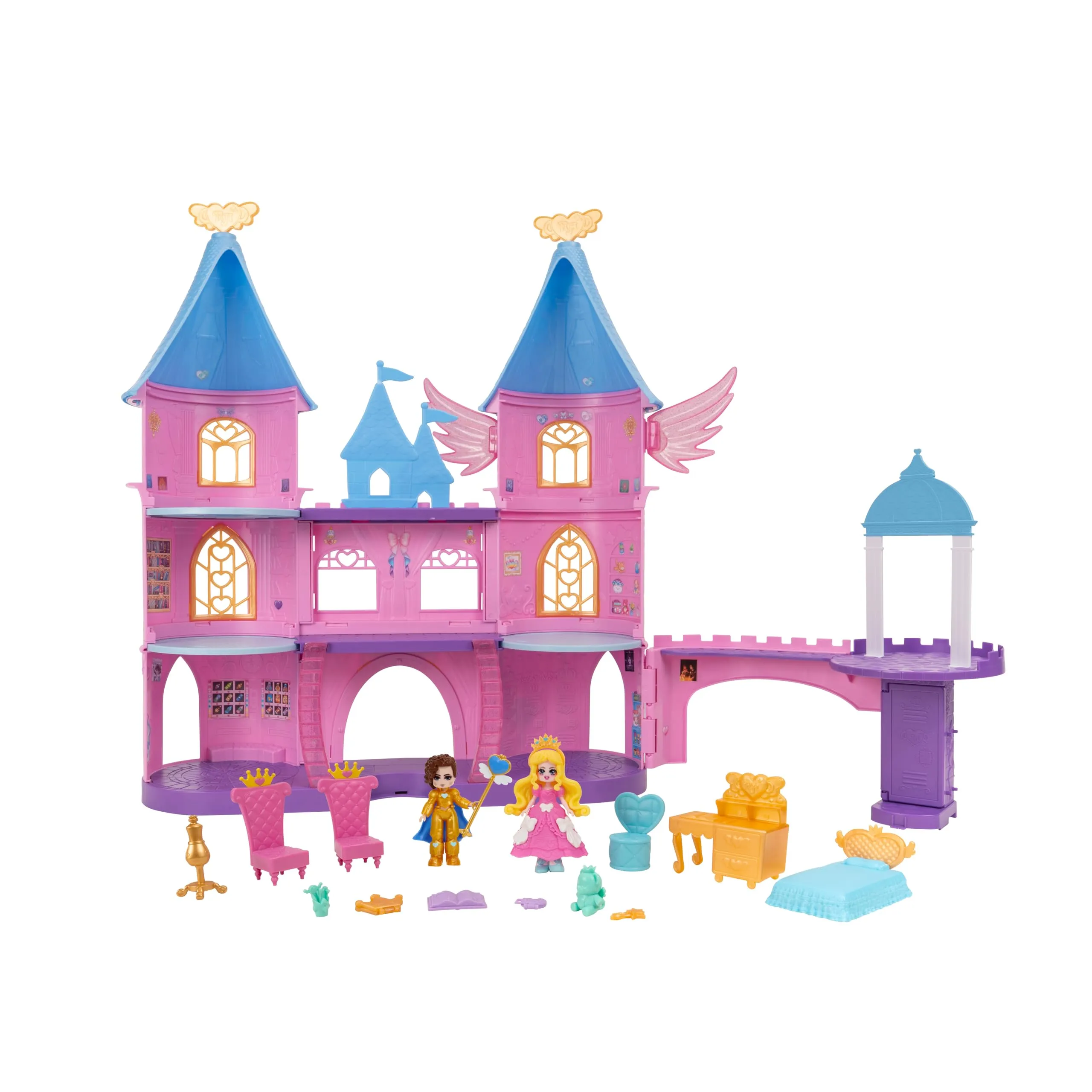 Royale High Castle Campus Playset - 2 bambole esclusive, 3 piani da esplorare con gioco a 360°, 19 accessori, codice articolo virtuale incluso, età 5+