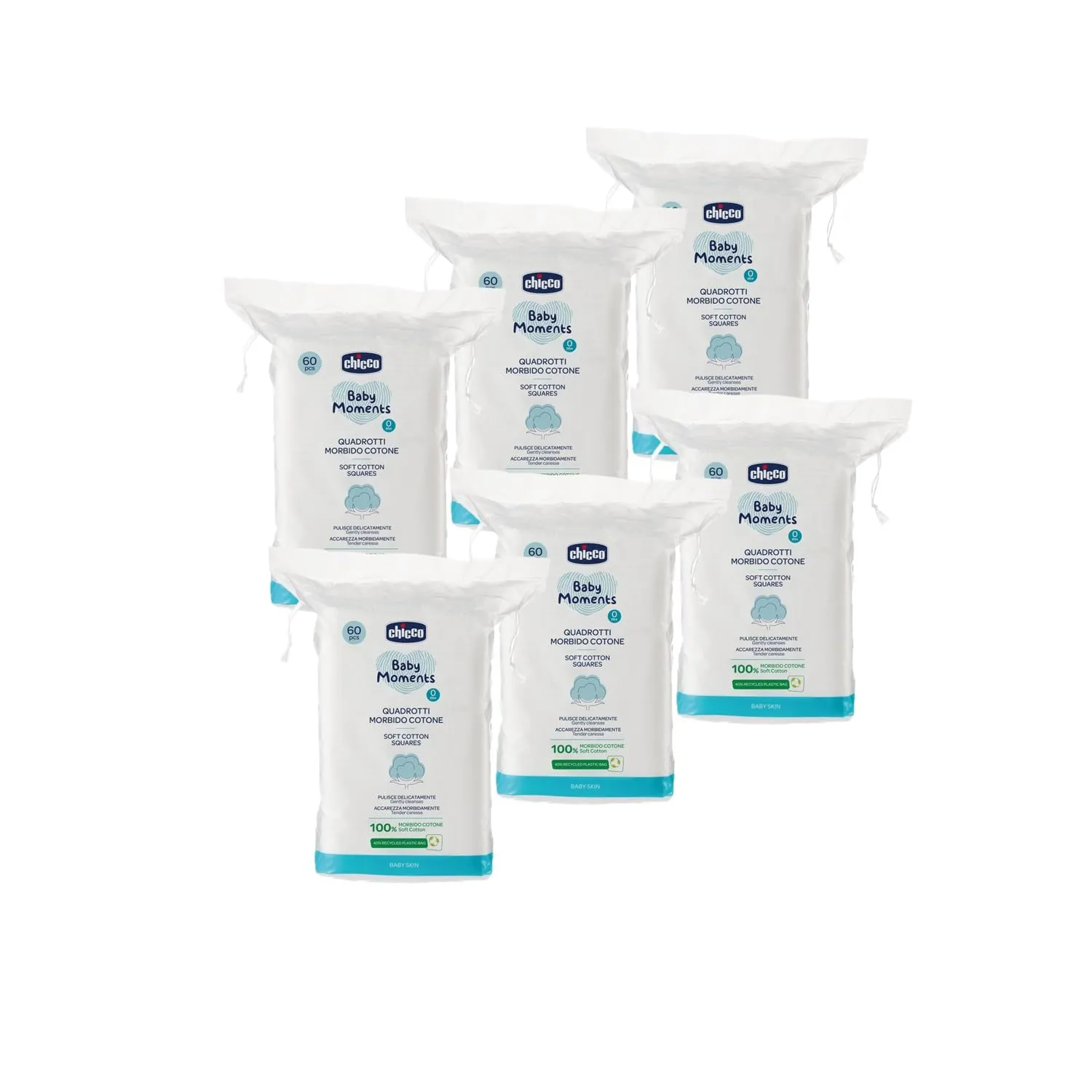 Chicco Baby Moments Quadrotti in Cotone Morbido, 360 Pezzi, 100% Cotone Puro, Multipack 6x60