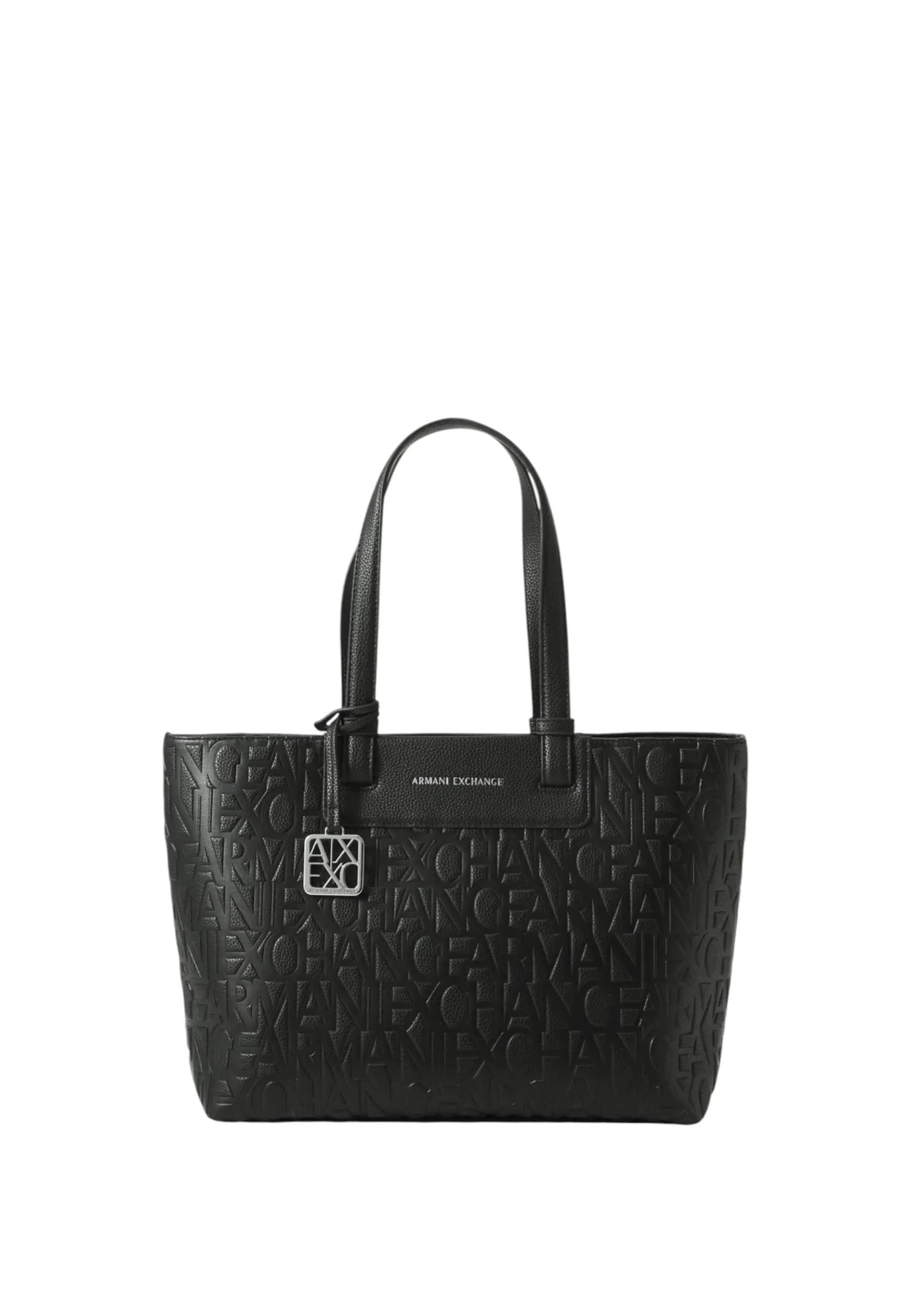 Armani Exchange Liz Patent Embossed Logo Texture, Borsa per la Spesa Donna, Nero, Taglia Unica
