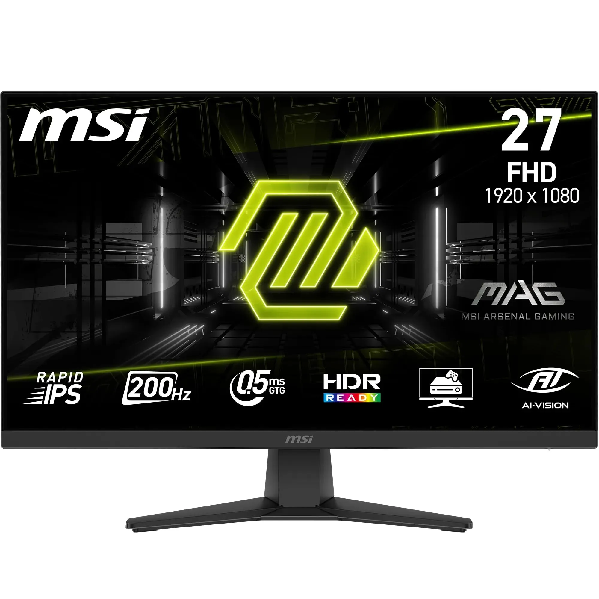 MSI MAG 272F Monitor Gaming 27", FHD 1920x1080, 200Hz, 0,5ms, HDR Ready, AMD FreeSync Premium, Eye Care, AI Vision, HDMI 2.0b, DP 1.2a, Supporto Regolabile in Inclinazione, Montaggio VESA, Nero