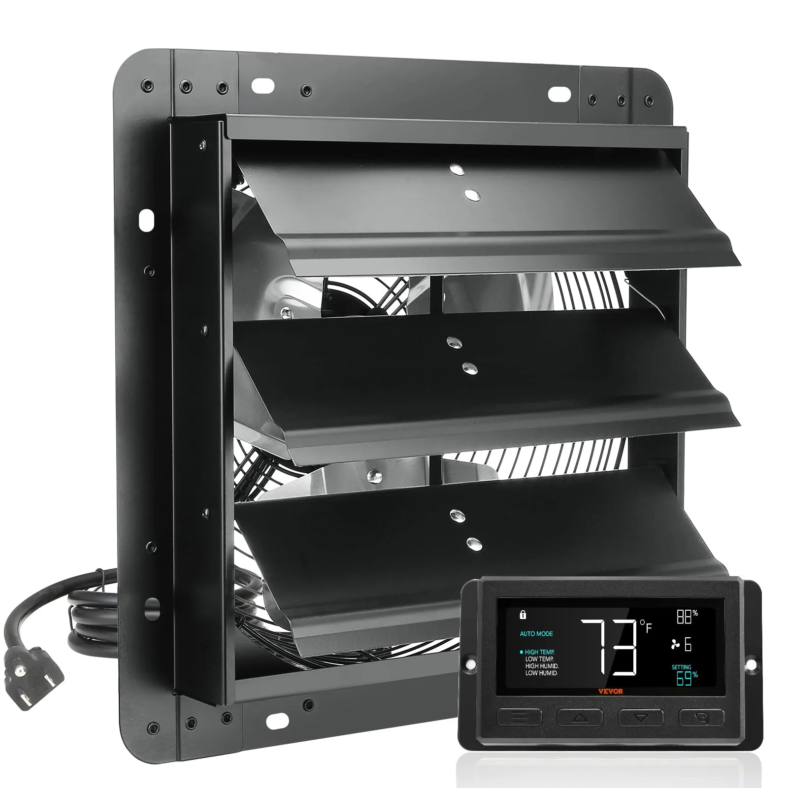 VEVOR Ventilatore di Scarico con Serranda, 1500 m³/h 305 mm Regolatore di Temperatura Umidità, Motore EC, con Montaggio Parete Velocità Variabile, Ventilazione e Raffreddamento per Serre, Garage