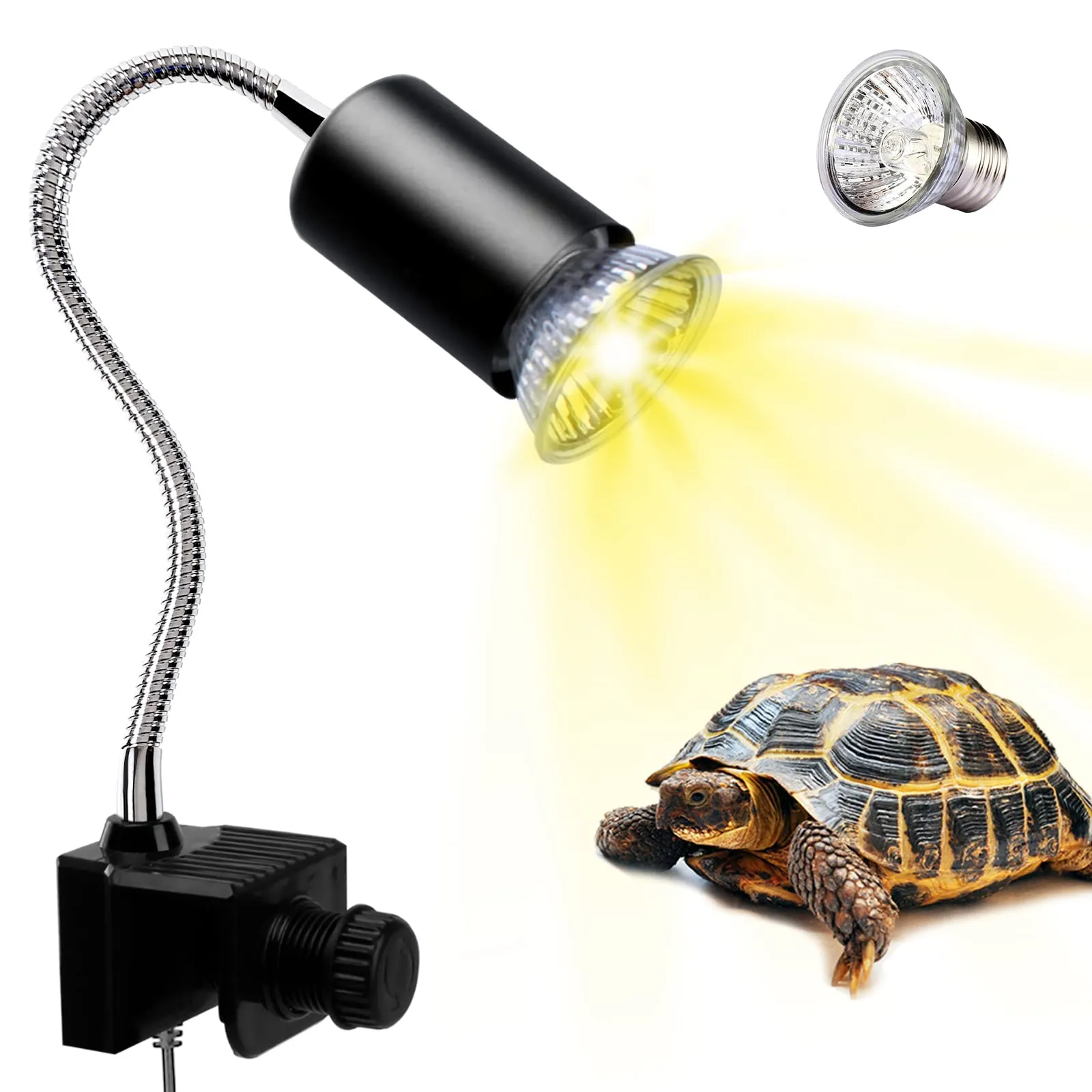 PewinGo Lampada uvb Tartarughe, Lampada Rettile e Anfibio con 50W Lampadina UVA UVB a Punto Basking e Morsetto Girevole a 360 °Adatto per Tartaruga, Serpente, Lucertola, Cacatua, Camaleonte ECC