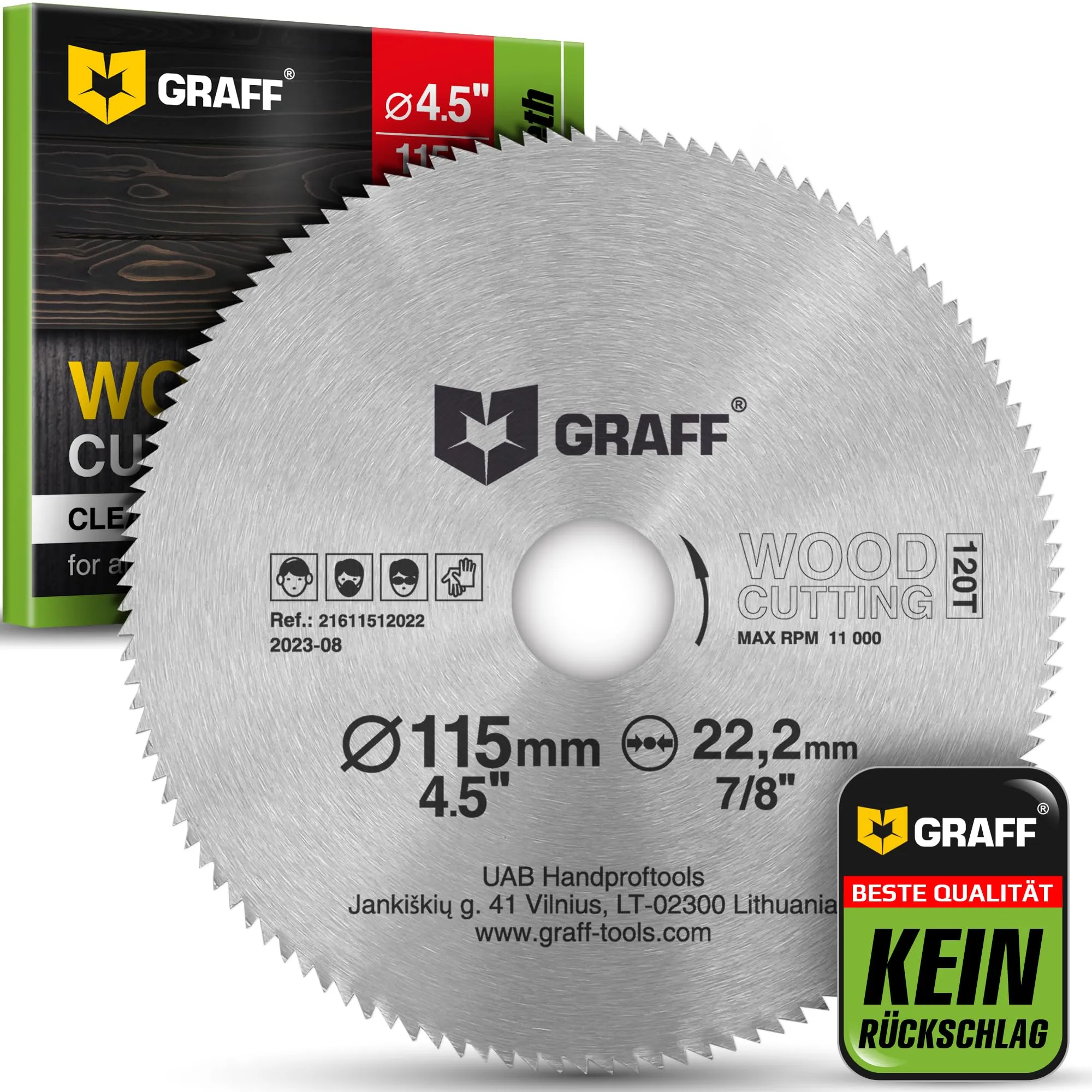 115 mm Lama per Sega Circolare per Smerigliatrice Angolare per Legno, Compensato, Laminato, Cartongesso, Plastica — Disco da Taglio Sottile 2mm per Legno a 120 Denti di GRAFF