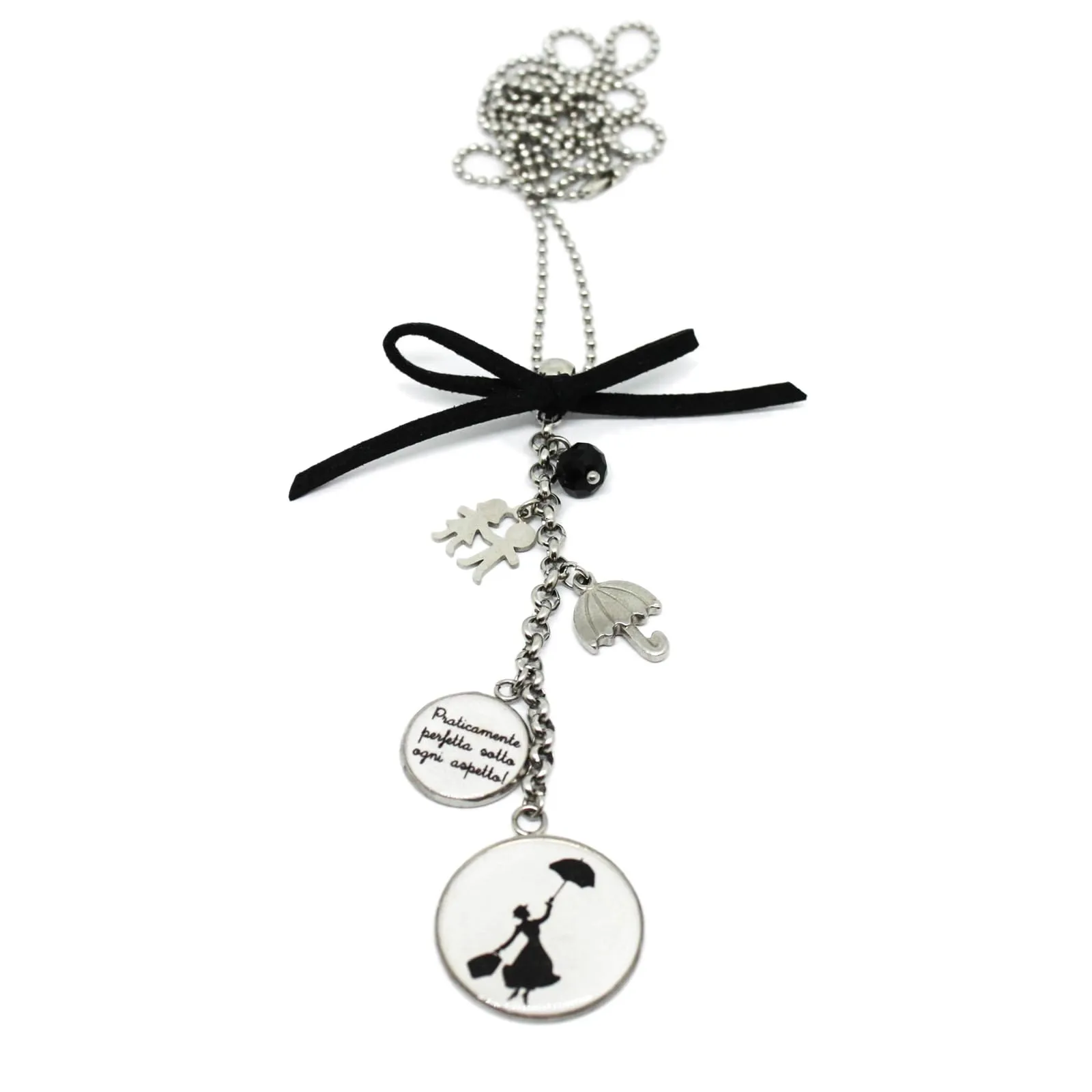 Collana lunga catena acciaio sagoma di Mary Poppins con fiocco e charms