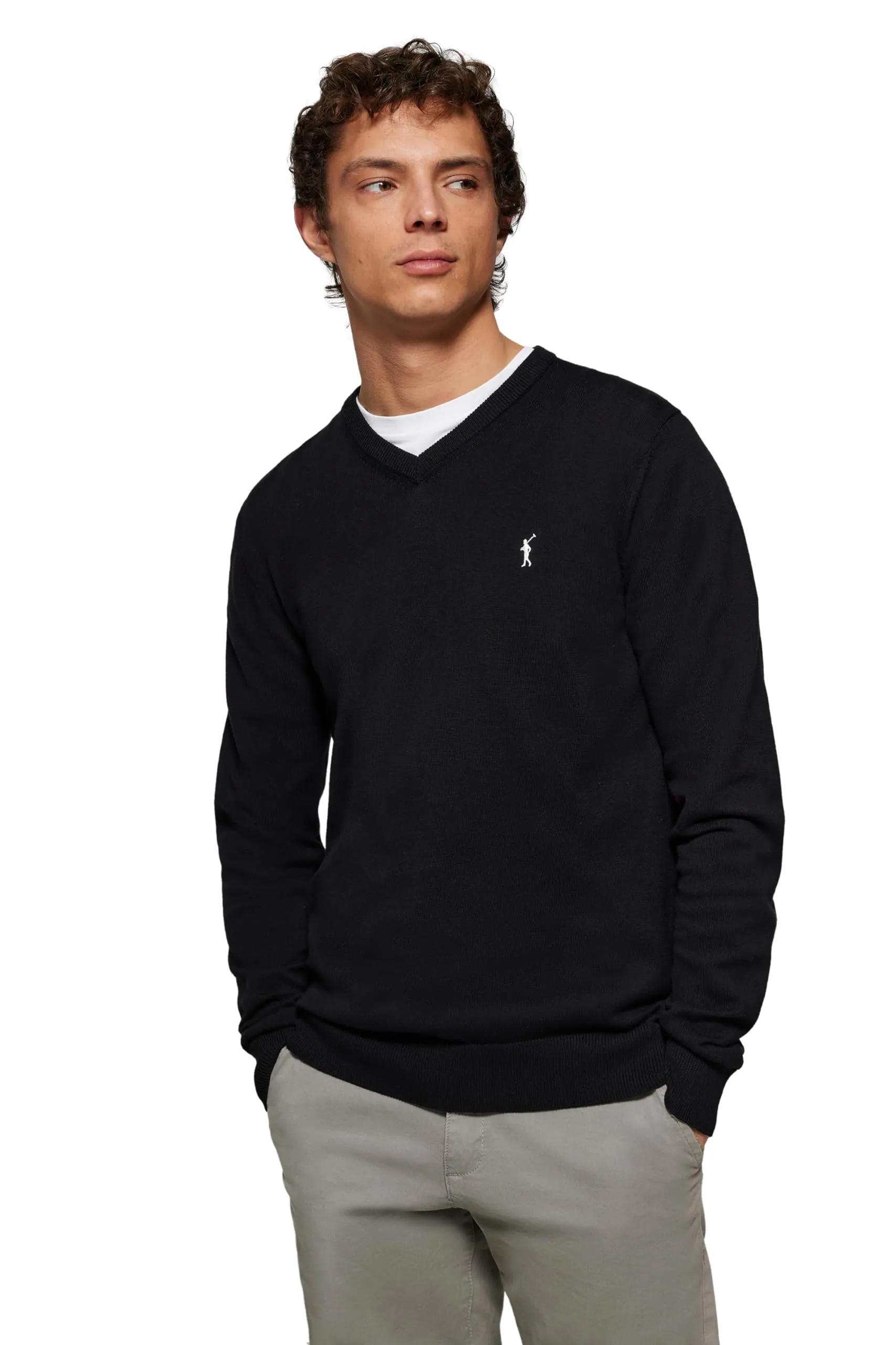 Polo Club Maglione Uomo Nero Collo V Manica Lunga - Maglioni 100% Cotone Logo Ricamato