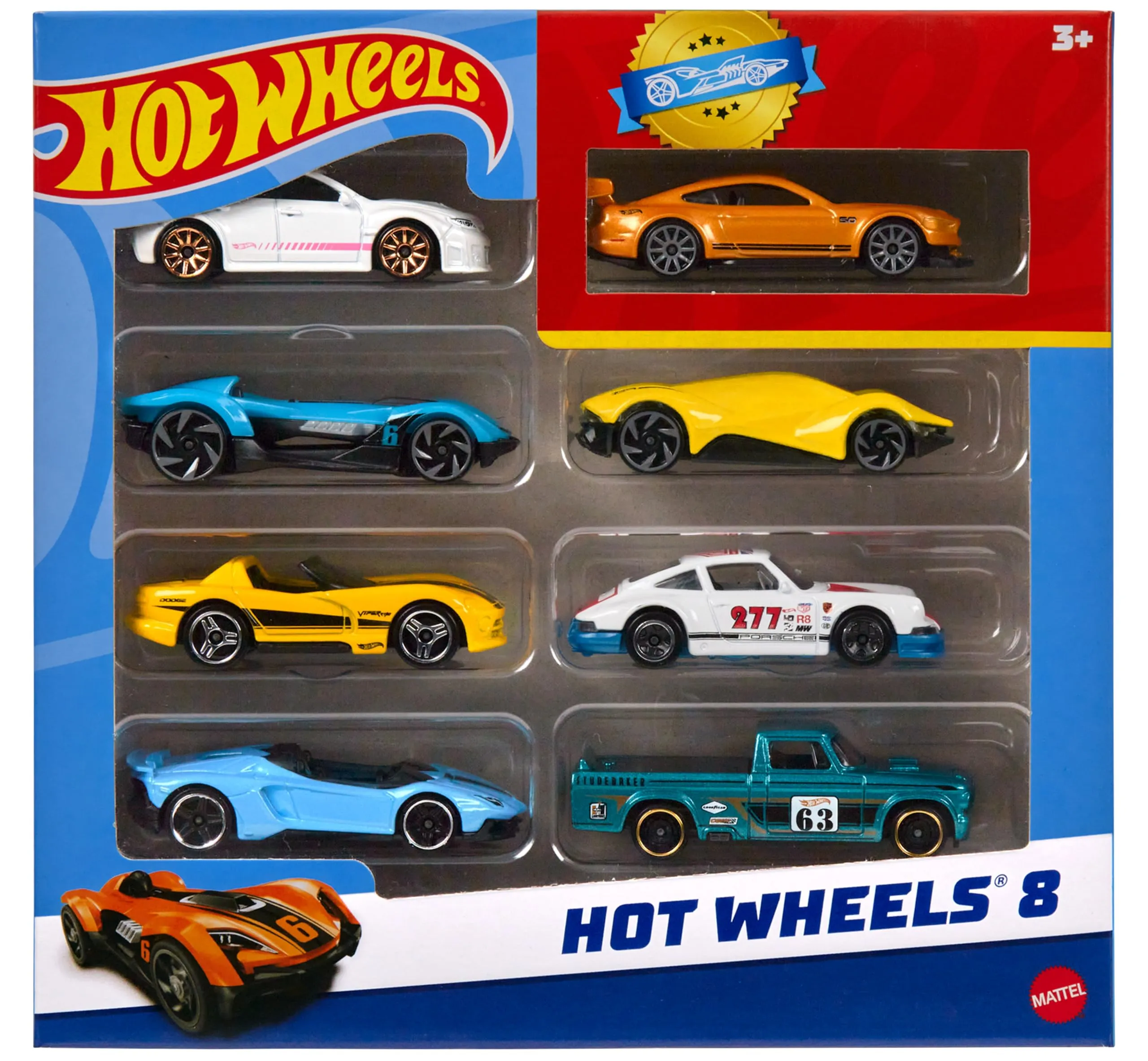 Hot Wheels - Set di 8 auto e camion, mix di veicoli scala 1:64 con 1 macchinina speciale inclusa (Un set a sorpresa tra diversi stili assortiti), giocattolo per bambini, 3+ anni, HPV78