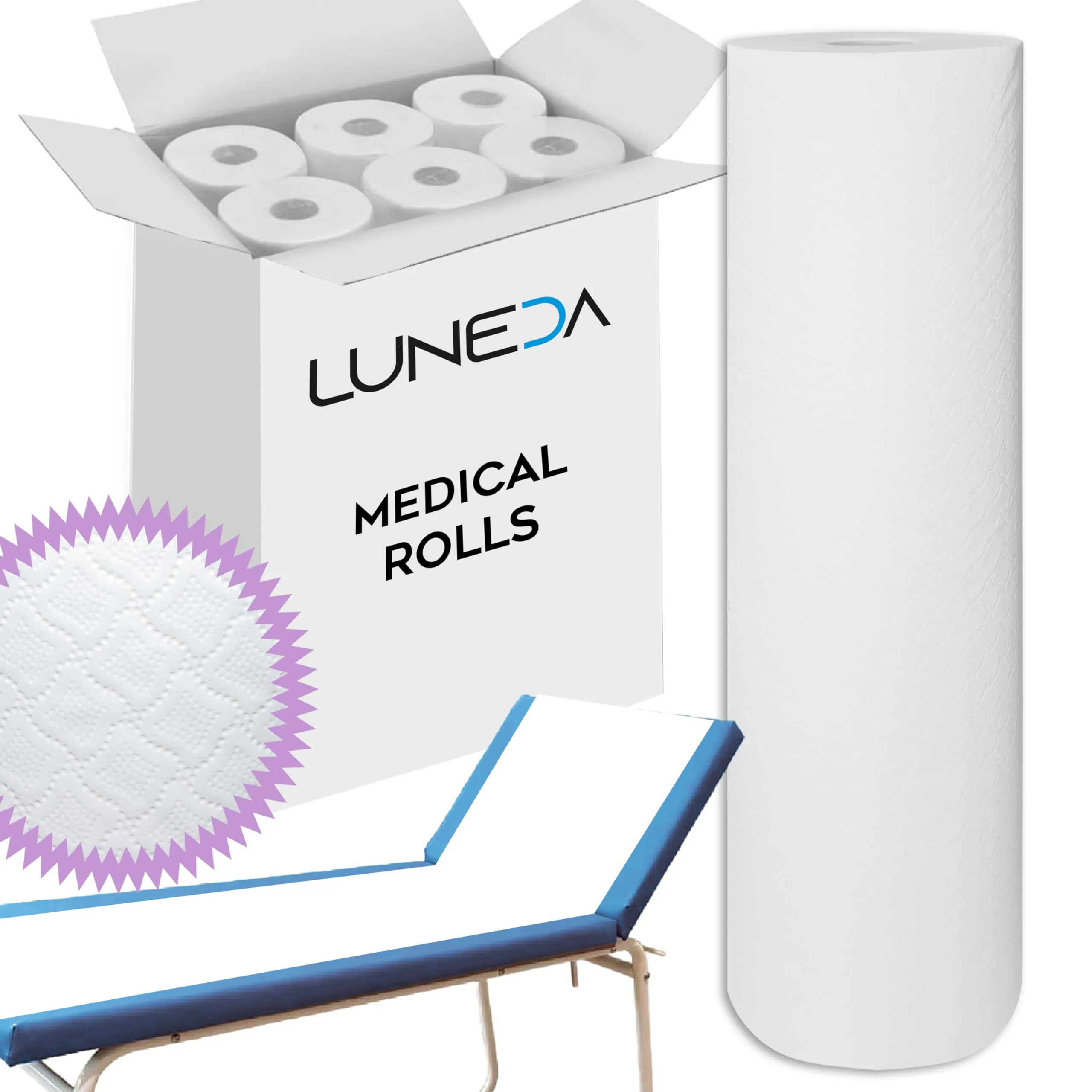 LUNEDA 6 Lenzuolini Medici per Lettini, Medici, Estetista, Massaggio, Fisioterapista, Morbido, Rotolo Professionale, Made in Italy, in Carta Doppia Cellulosa, h 60 cm (Set 6 pz.)