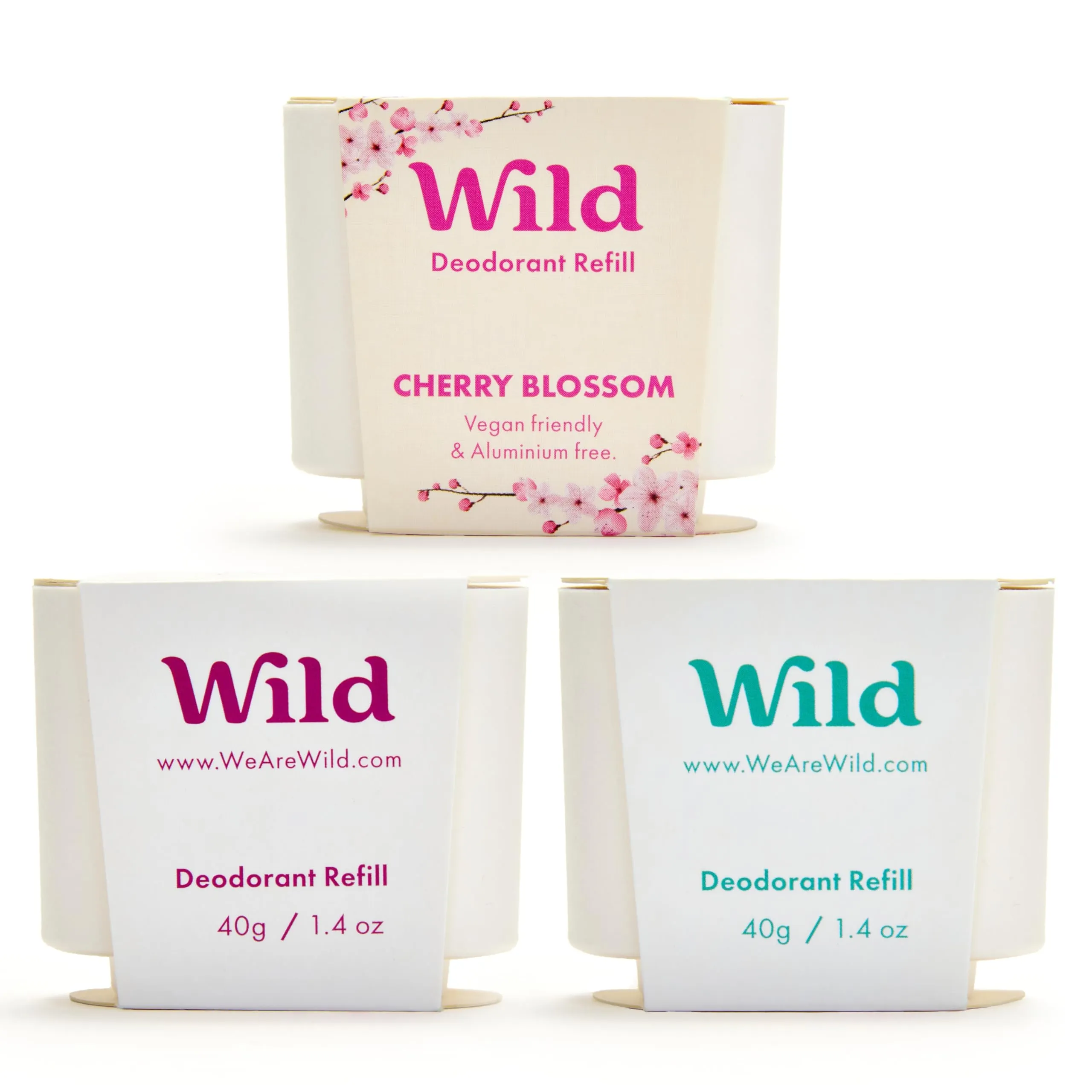 Wild - Deodorante Naturale Ricaricabile - Senza Alluminio - Varie Ricariche - Incluse Profumazioni Fresh Cotton & Sea Salt, Cherry Blossom e Coconut & Vanilla - Protezione di Lunga Durata