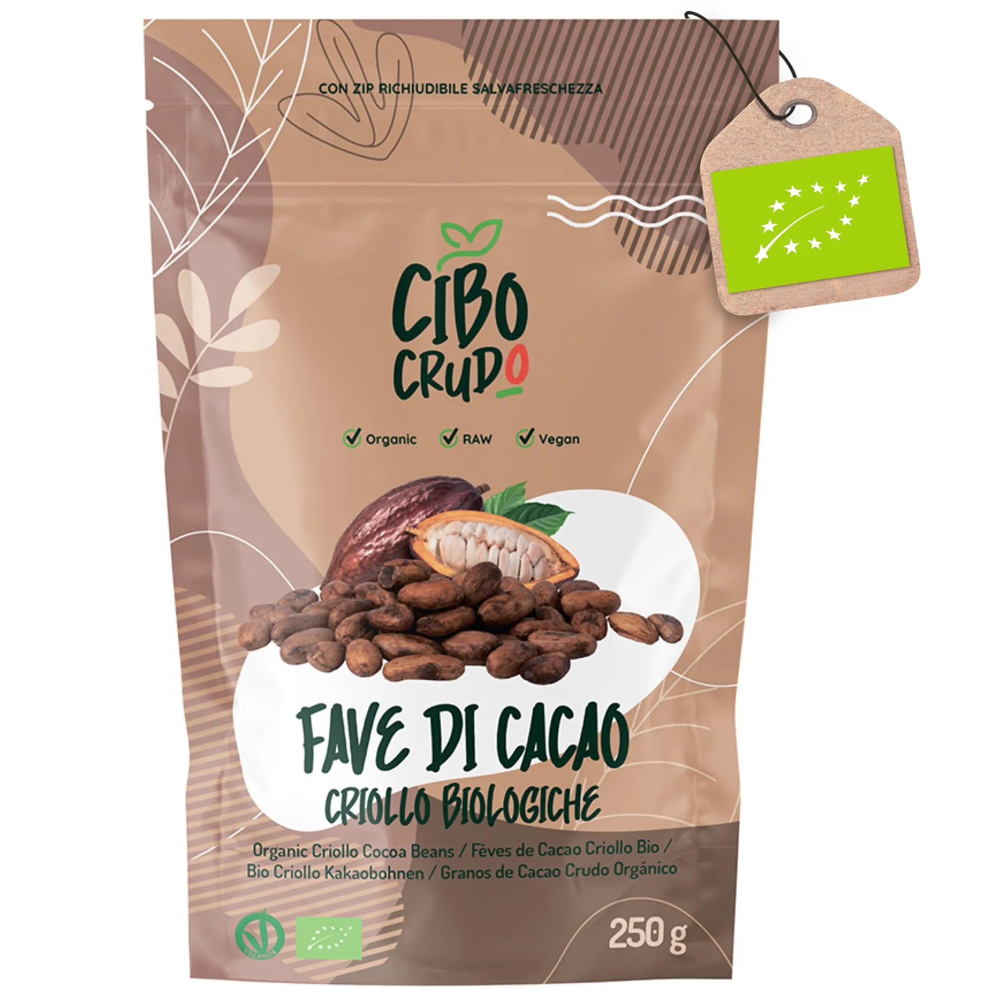 Fave di Cacao Crudo Biologico - 250g. Qualità Criollo Bio e Naturali. Cacao Beans dal Perù dalla Pianta Theobroma Cacao. Intenso, Aromatico, Gusto Amaro.