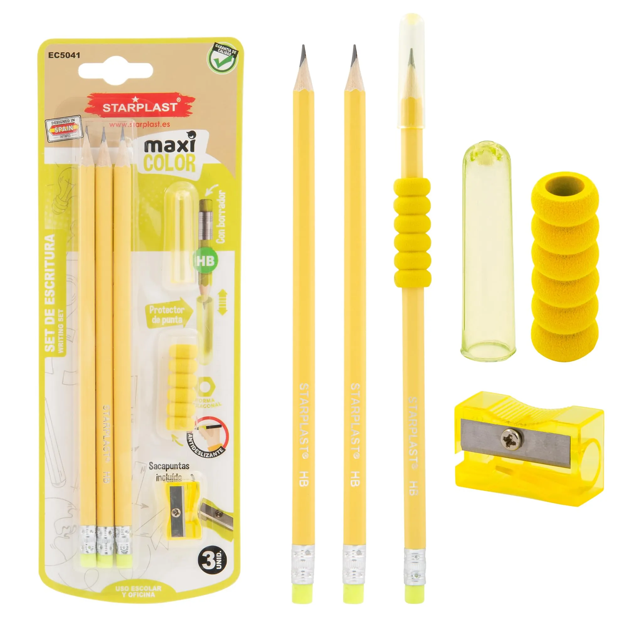 Starplast Set di 3 matite gialle con gomma HB, temperamatite antiscivolo e tappo protettivo - corpo 19 cm, forma esagonale, scuola, ufficio, insituto