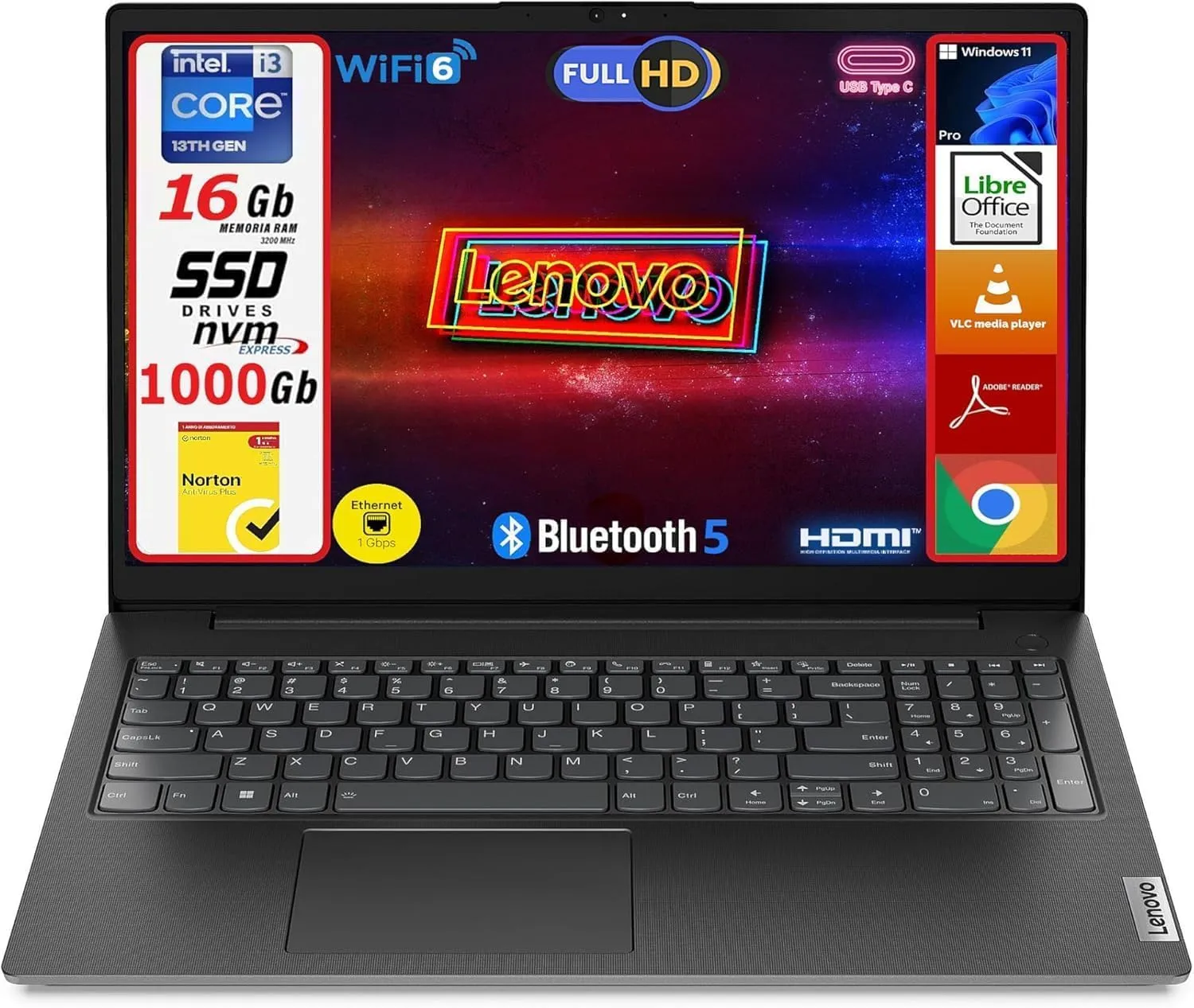Lenovo Notebook V15 G4, Cpu Intel i3 di 13Th Gen, Display Laptop 15.6" Full HD, 16GB RAM DDR4 3200MHz, 1000GB (1TB) SSD NVMe, Windows 11 Pro, Norton AntiVirus Plus (1 Anno) - Portatile Pronto all'Uso