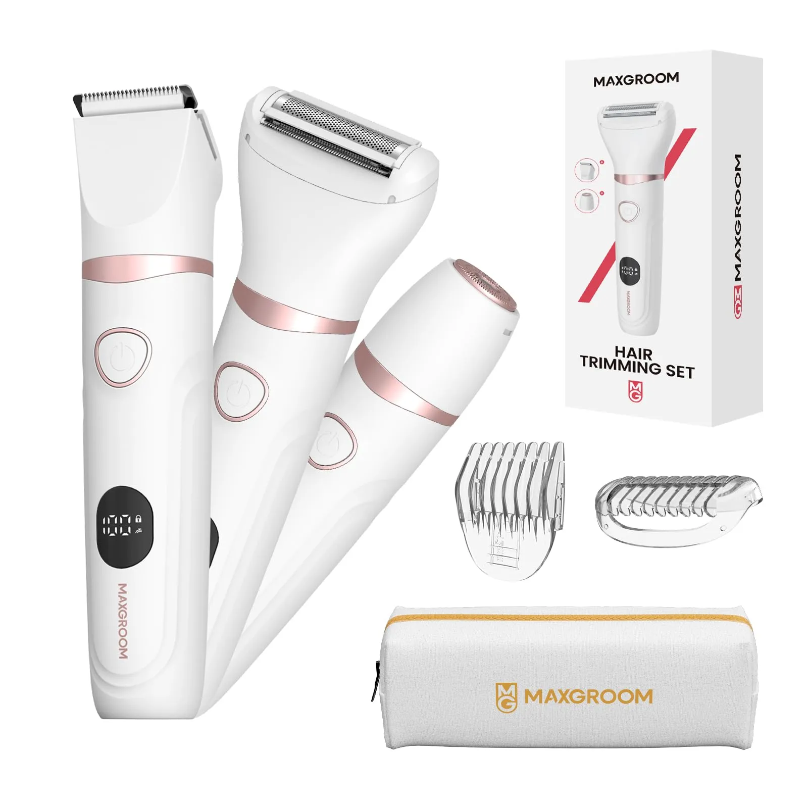 MAXGROOM Rasoio Elettrico Donna, 3-in-1 Impermeabile Depilatore Corpo Donna, Rasoio Parti Intime Kit per Viso, Corpo e Inguine con Lama Ceramica, Ricarica Rapida Type-C, Led Display
