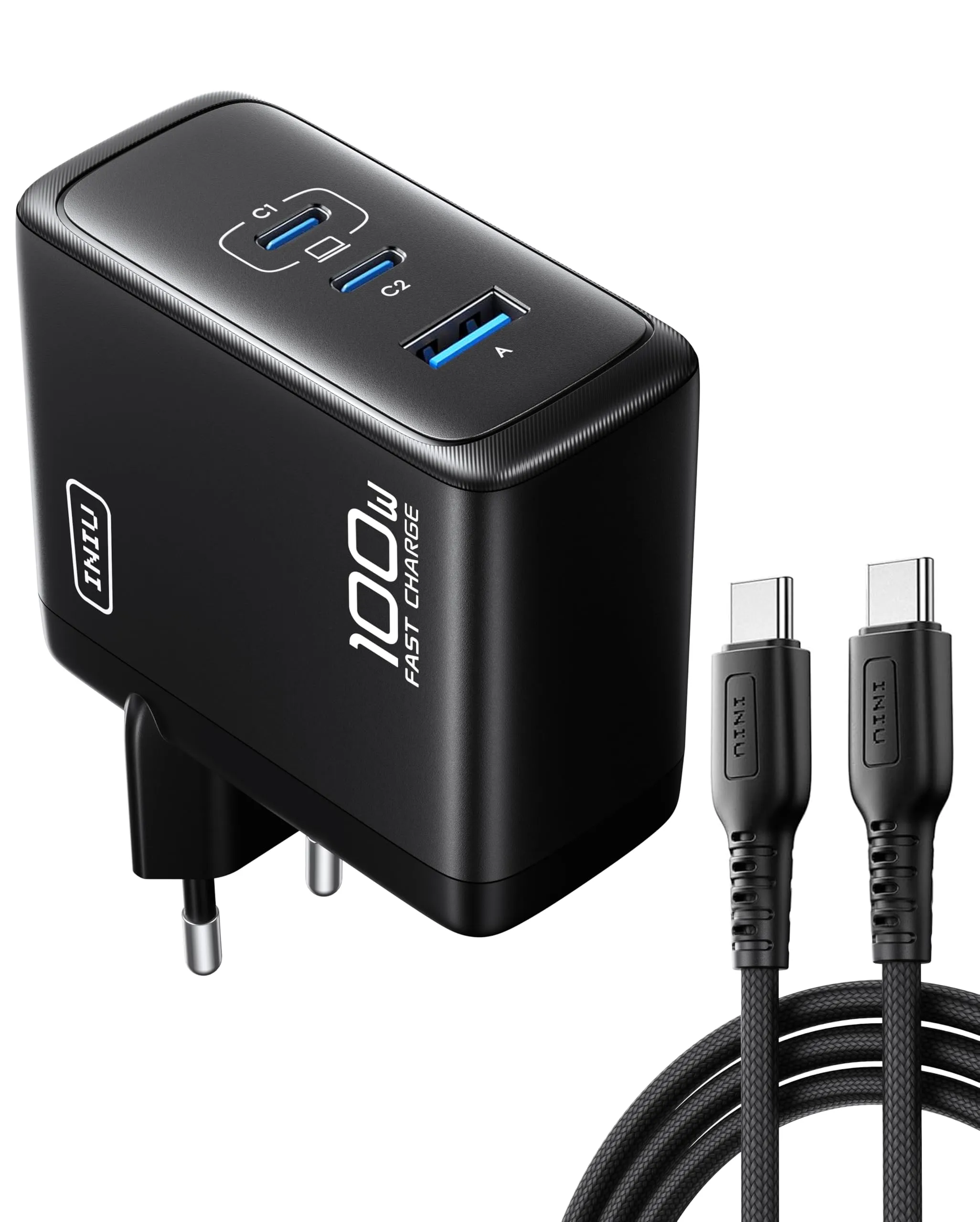 INIU 100W USB C Caricatore, GaN Ⅲ 3-Porto Presa USB Alimentatore, Caricabatterie Rapido Compatto con 100W Cavo per MacBook iPad Pro Air, iPhone 16 15 14 Pro Max, Samsung S24 Ultra, Tablet, Laptop, ecc