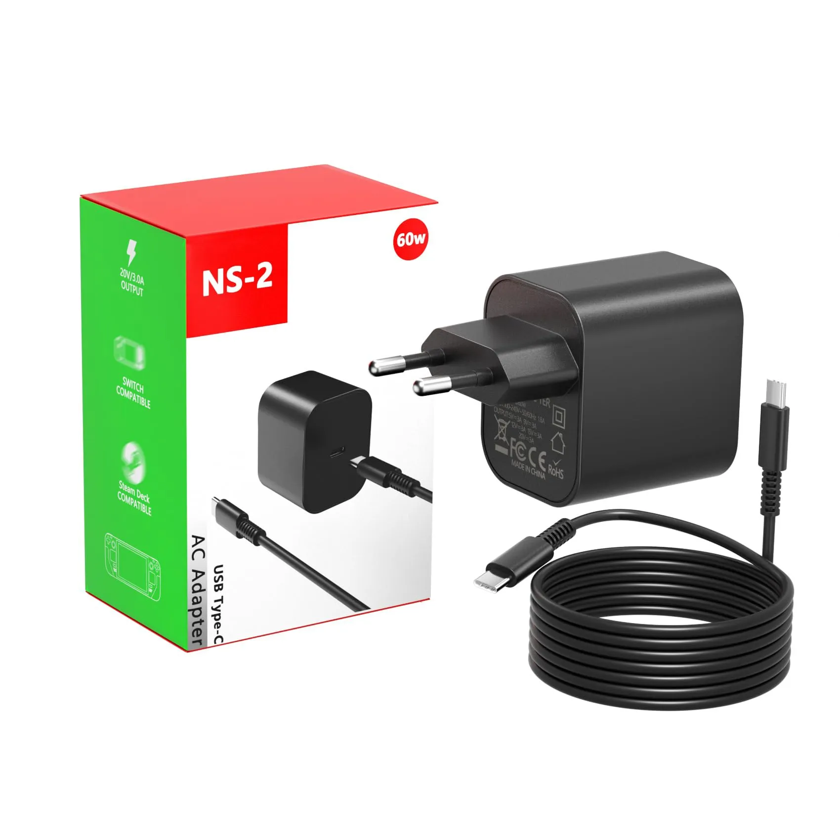 Caricatore USB C da 60 W per Nintendo Switch 2, con cavo di Ricarica USB-C da 1,5 m, Caricatore Rapido, Alimentatore. Compatibile con Nintendo Switch 2 & 1/OLED/Lite/PS5/Steam Deck.