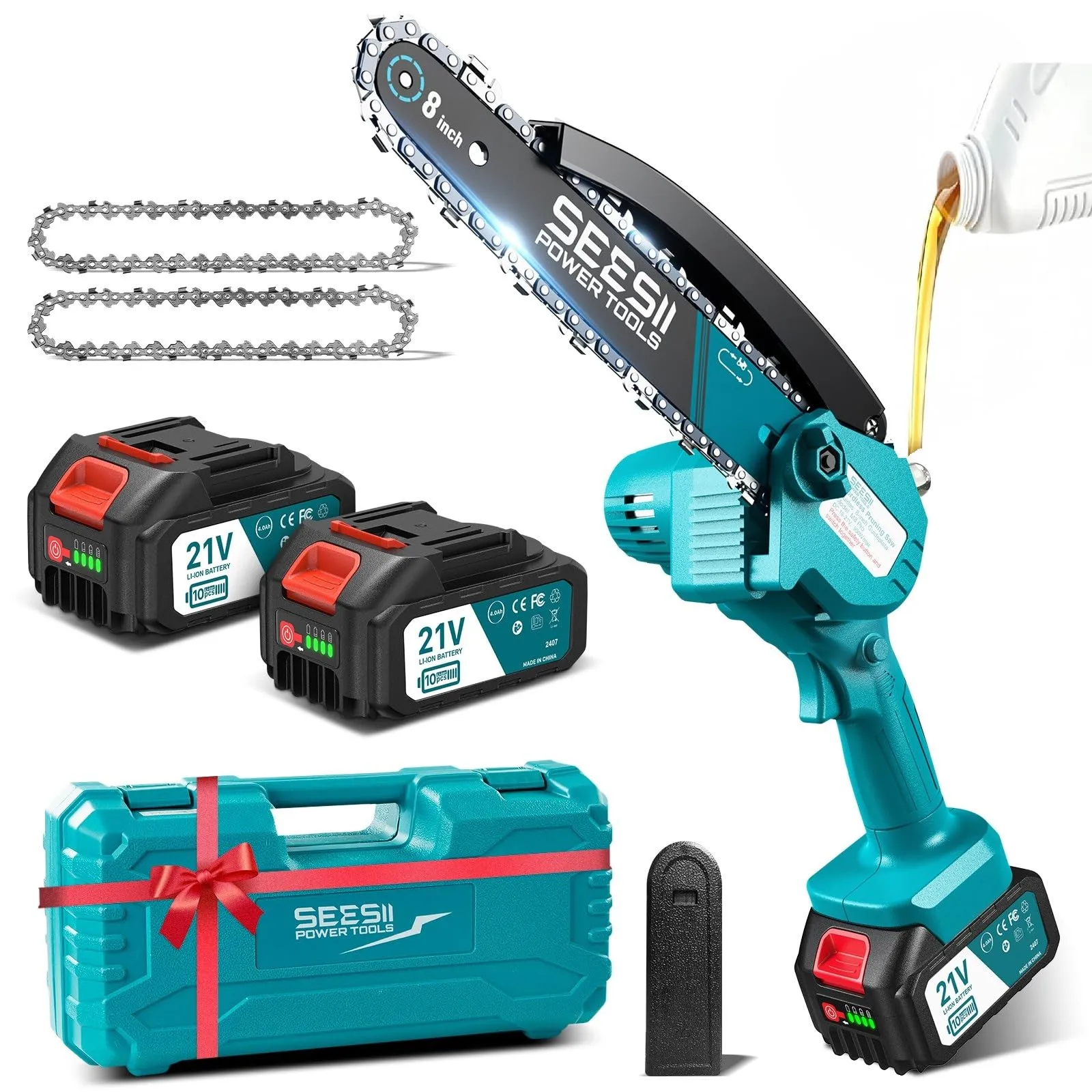 8 Pollici Mini Motosega a Batteria 2x4000mAh, Seesii Sega a Batteria per Potatura con Oliatore Automatico, 2 Batterie 4000mAh e Caricatore, Motosega Elettrica Per il Taglio del Legno, CH820+