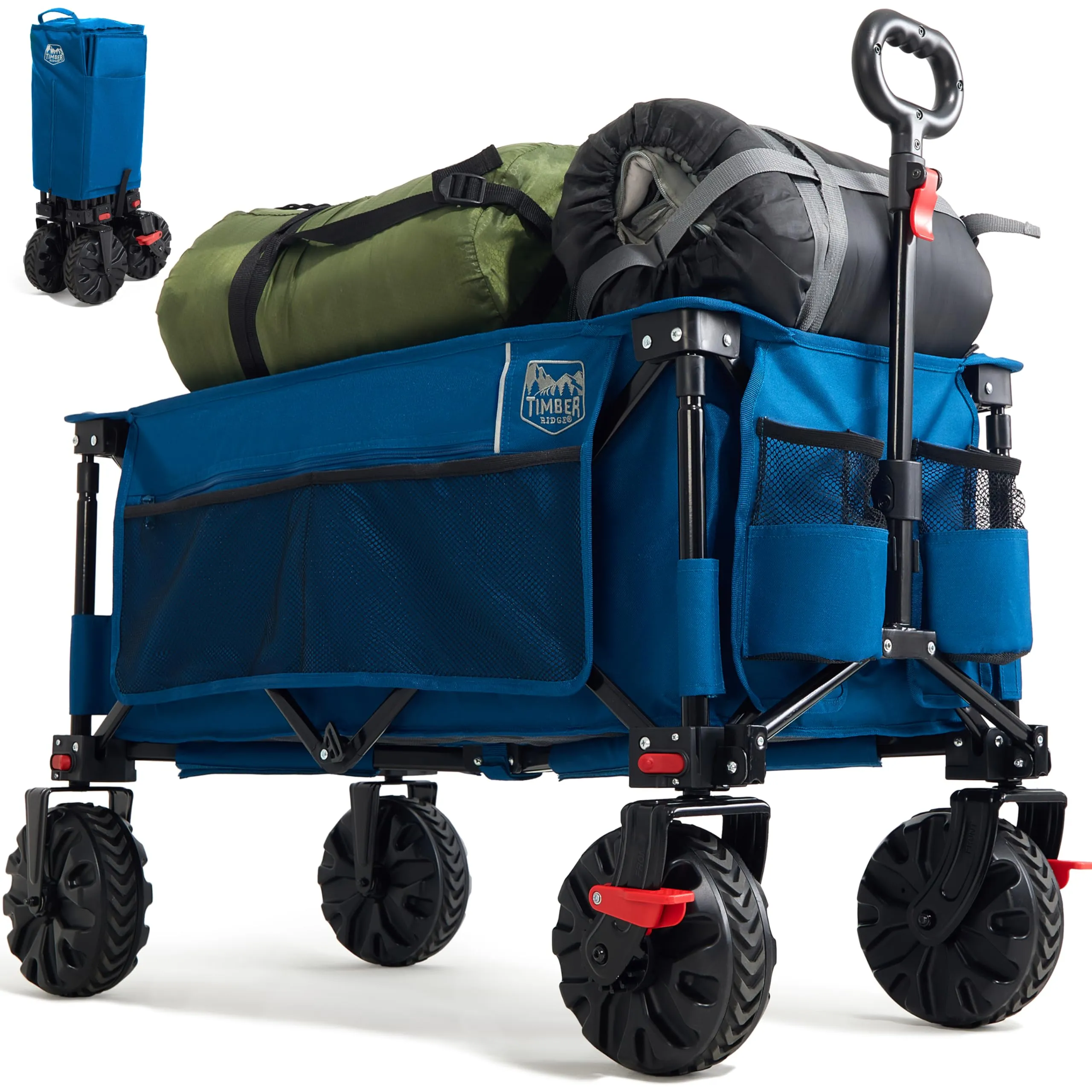 TIMBER RIDGE Carrello Spiaggia Ruote Grandi con Freno Carrello Pieghevole Trasporto Braccioli Regolabili e Tasche Laterali per Rimorchio Giardino Campeggio all'aperto Ogni Tipo di Terreno