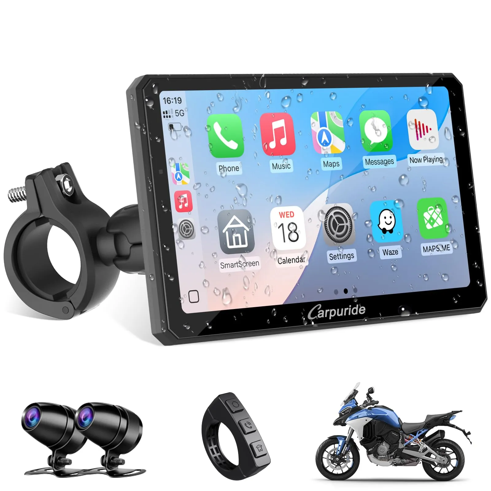 Carpuride W712D Moto Carplay Schermo con HD 1080P Dash Cam Doppia Fotocamera, Senza Fili CarPlay e Android Auto, 7" Touchscreen Impermeabile, BT Audio, Cablato Controller, Loop Registrazione, GPS.
