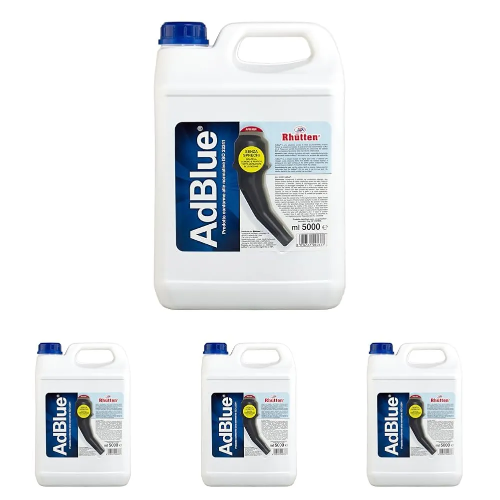 Rhütten, AdBlue Motori Diesel, Basf, Additivo di Sintesi, Urea Purissima, ISO 22241, preserva SCR, Blocca Impurità Catalizzatore, Motori Euro 6, Tappo Versatore, 5L (Confezione da 4)
