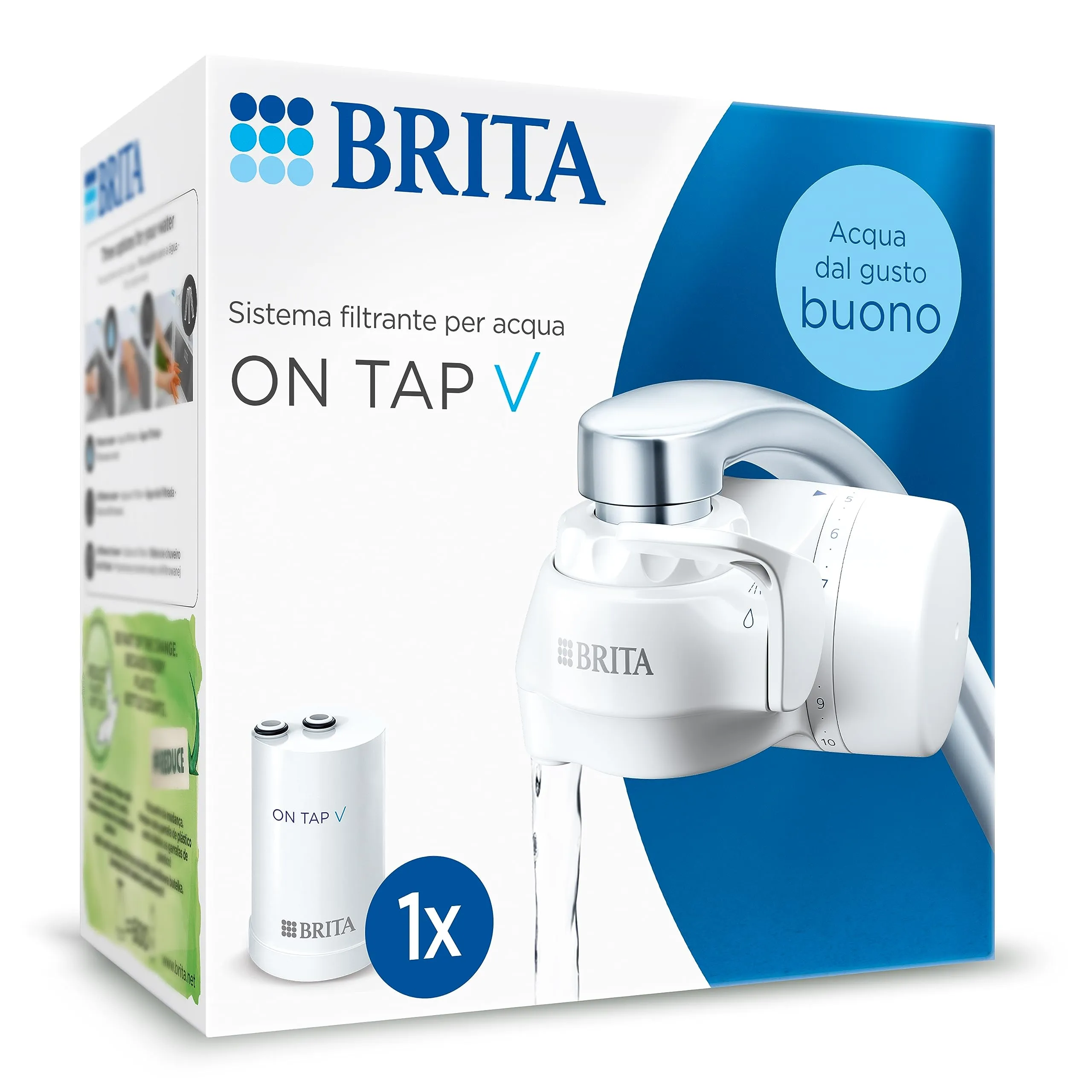BRITA ON TAP V Sistema di filtro dell'acqua, include 1 cartuccia: acqua sostenibile e dal buon sapore diretto del rubinetto, riduce microparticelle, PFAS, metalli e sostanze che influenzano il gusto.