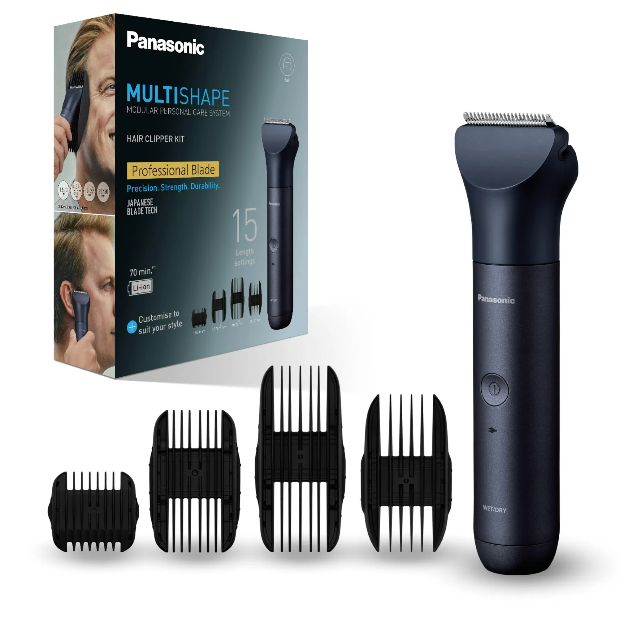 Panasonic ER-CKL3-A301 MULTISHAPE [Sistema Modulare per la Cura Personale] Kit Tagliacapelli, Unità Principale e Testina Tagliacapelli, 15 Impostazioni di Lunghezza, 4 Pettini, Batteria Li-ion, Nero