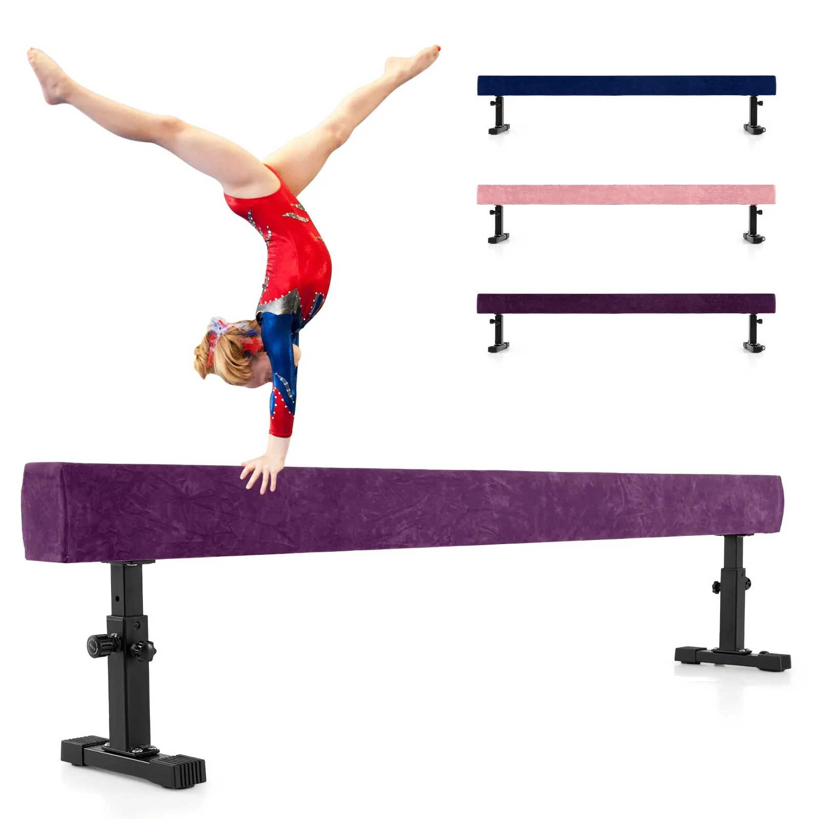 COSTWAY Trave Ginnastica Artistica per Casa Regolabile 226 cm, Trave di Equilibrio con Ruote e 3 Altezze Regolabili e Gambe Robuste per Principianti e Professionisti (Viola)