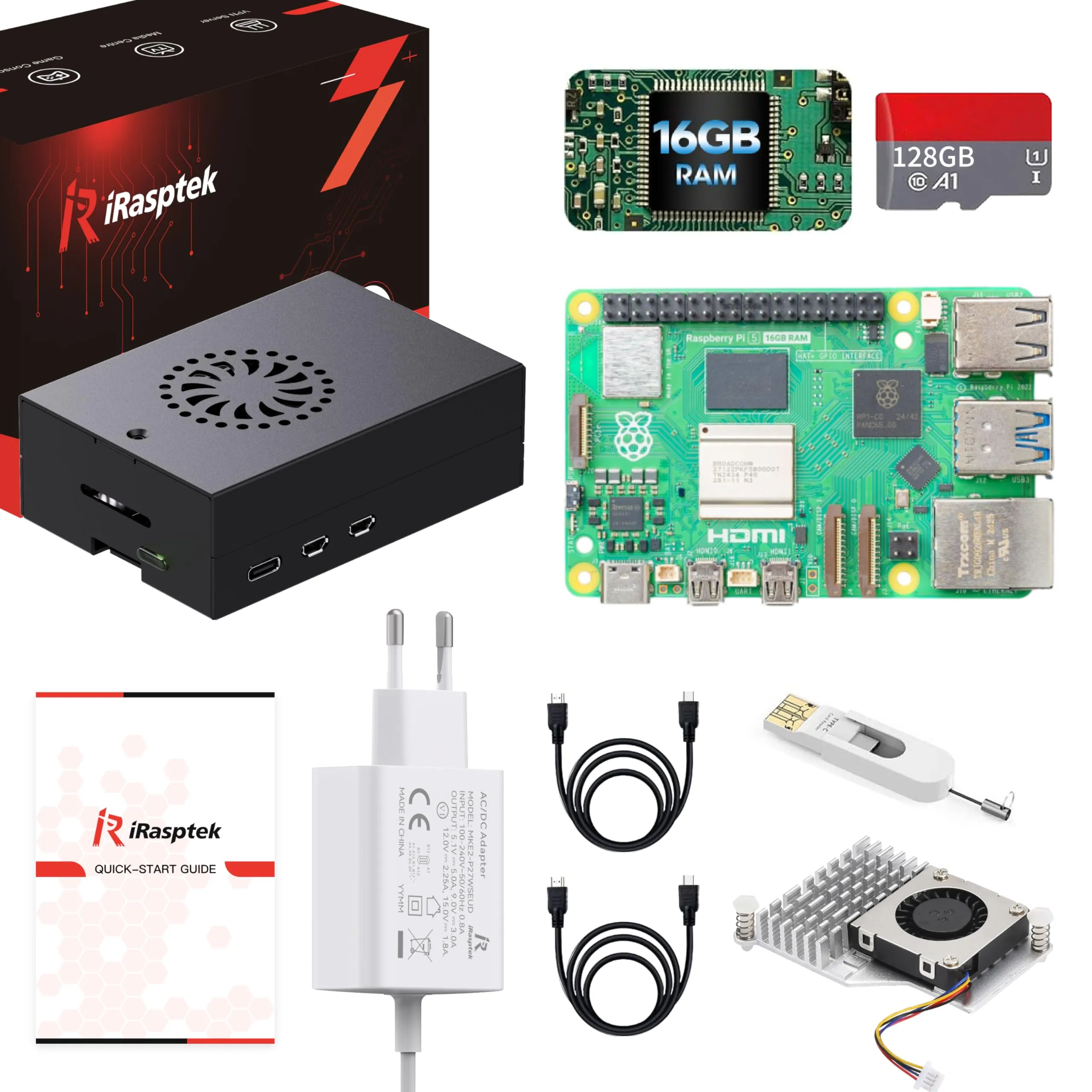 iRasptek Starter Kit For Raspberry Pi 5 16GB RAM- Edizione OS-Bookworm da 128GB preinstallata(case in alluminio)