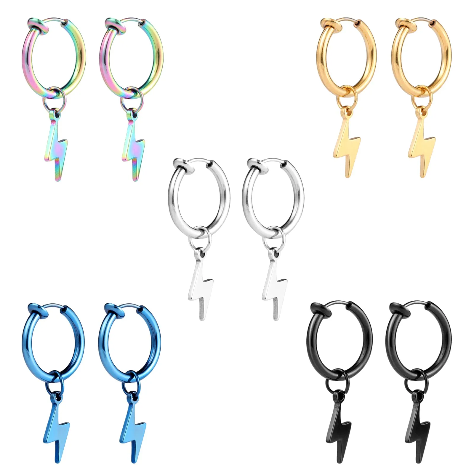 Epoch World 5 Paia Acciaio Inossidabile Orecchini Clip Uomo Donna Bambina Magnetico Orecchini Calamita Orecchini Fulmine Pendenti Orecchini Finti Senza Buco Anello Orecchini Cerchio Argento Nero Oro