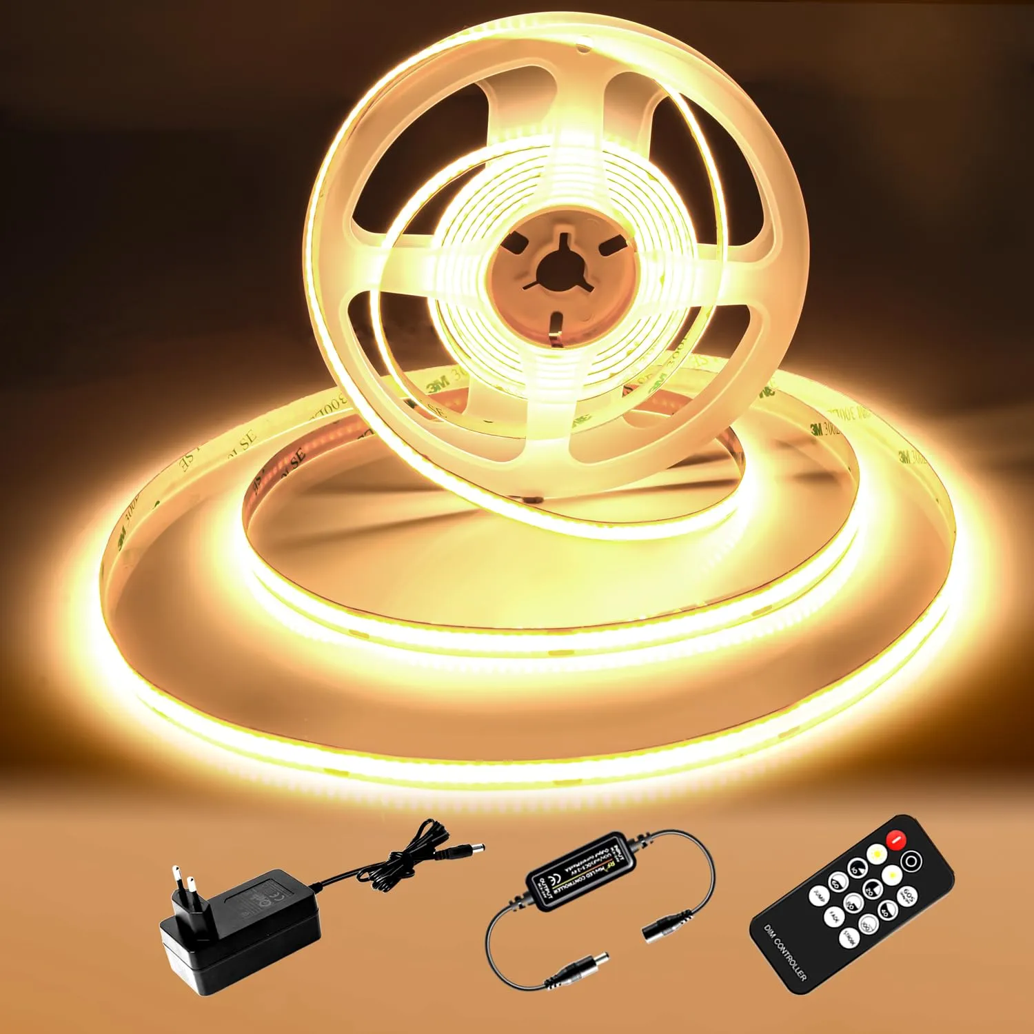 luktix Striscia LED Bianca Calda 5m, 3000K Striscia LED Dimmerabile 24V, CRI92 +, larghezza 8mm, con Telecomando e alimentazione, per la decorazione domestica, cucina, specchio (3000K, 5M)