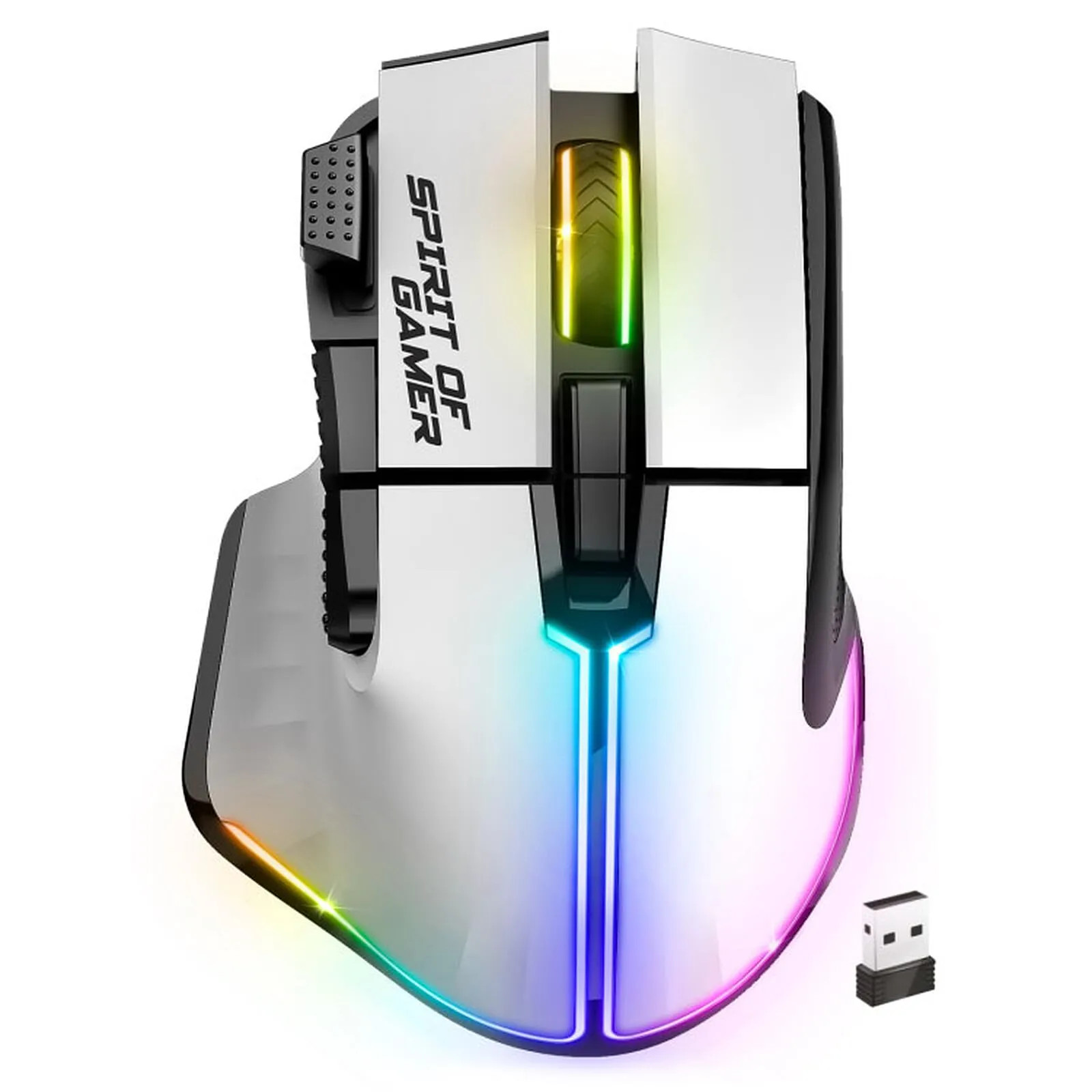 Spirit Of Gamer - PRO M5, Mouse Gaming Senza Fili per PC RGB, 8 Pulsanti Programmabili di cui 1 Rapid'Fire, Connessione Bluetooth e 2,4 GHz, Batteria a Lunga durata 90 ore, Ergonomico, Nero