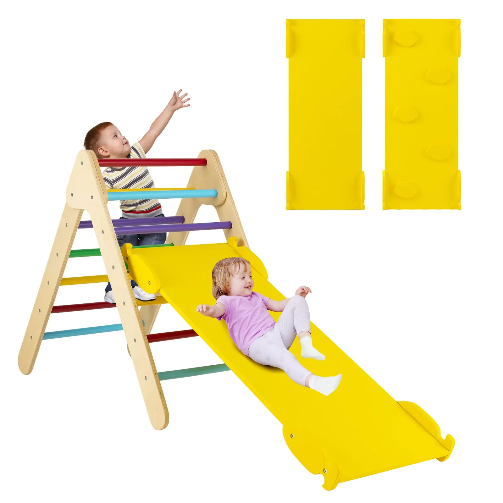 COSTWAY 3 in 1 Arrampicata Giocattolo a Triangolo per Bambini, Set di Arrampicata con Rampa di Scivolo a 2 Lati e Inclinazione Regolabile, Arrampicatore per Bambini 1 Anno+ (Colorato)