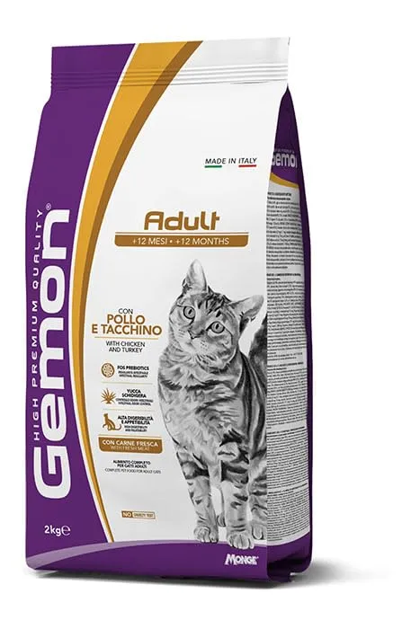 Gemon Gatto Adult Pollo e Tacchino, alimento secco per gatti adulti di tutte le taglie, confezione da 2kg.