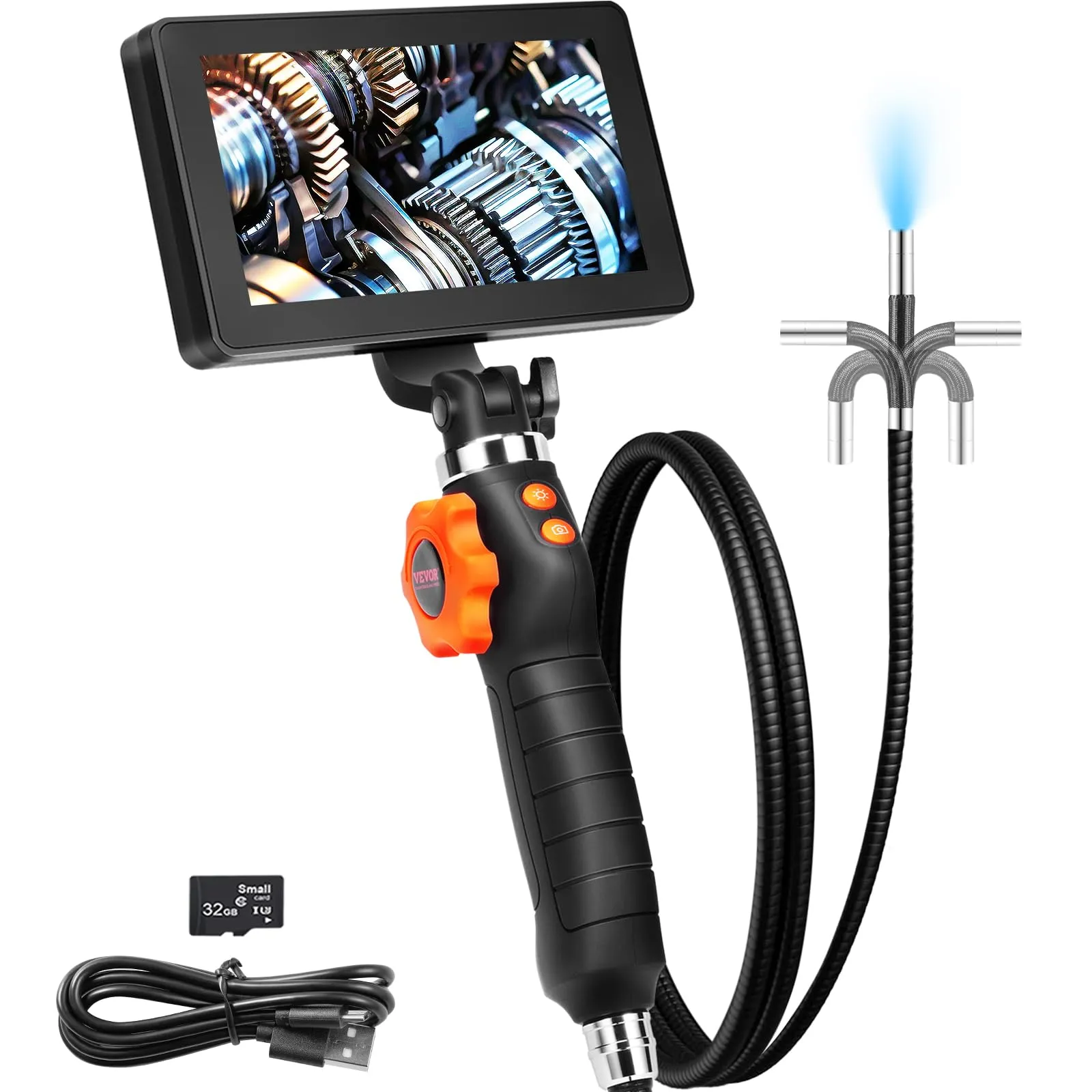 VEVOR Telecamera a Endoscopio Schermo 5 Pollici IPS Lente Bidirezionale 180° Cavo 1m 8 Luci Luminosità Regolabile, Telecamera di Ispezione a Endoscopio Zoom Digitale 8x Risoluzione 854 x 480 4500 mAh