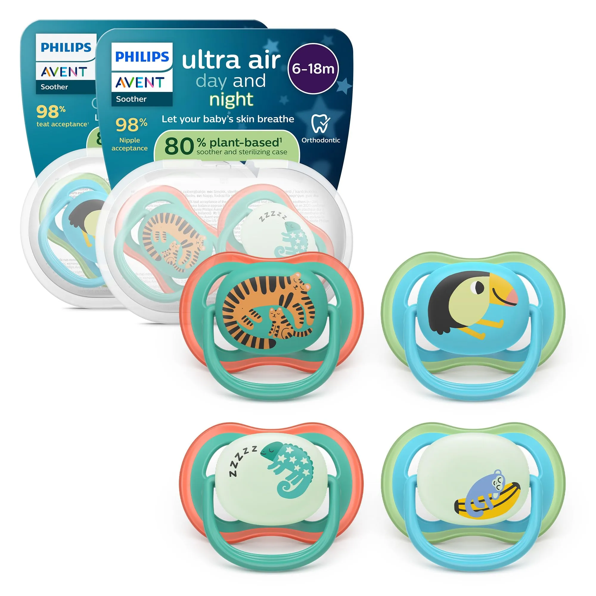 Philips Avent Ultra Air Day & Night Pacifiers - Design ortodontico, per neonati 6-18 mesi, modello fluorescente, tettarella simmetrica in morbido silicone, senza BPA, confezione da 4, SCF087/27