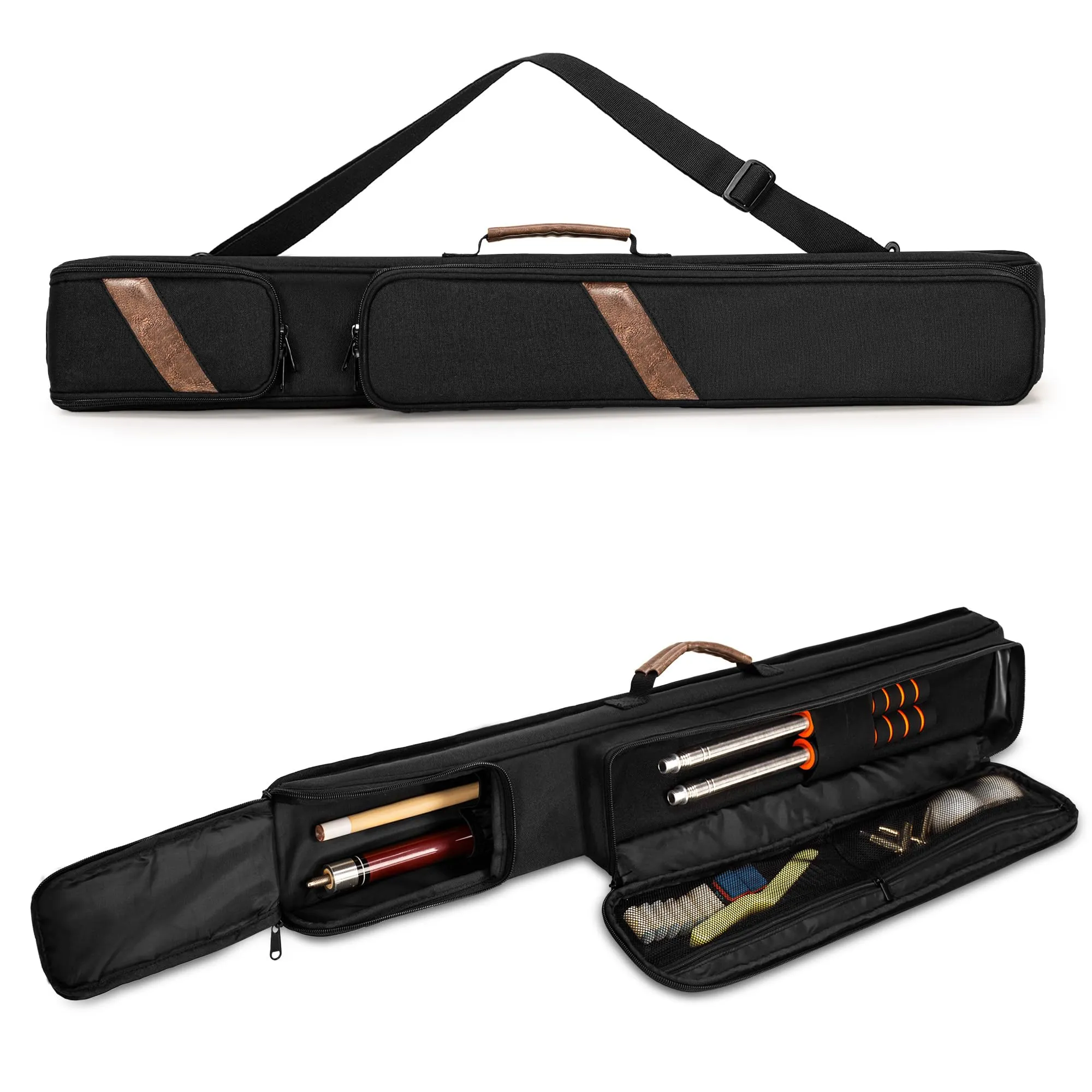 Rexmica Custodia per stecca da biliardo 1 x 1, con 1 manico e 1 asta, borsa imbottita per bastoni da biliardo con tasca frontale per accessori, custodia per il trasporto con manico e tracolla