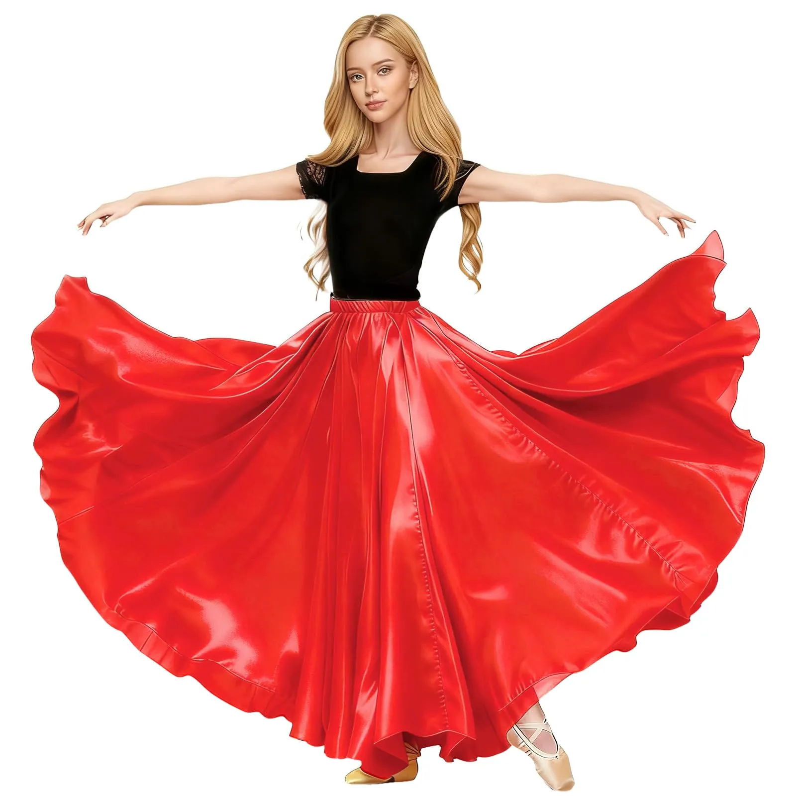 Baisdan - Gonna in Raso per Danza del Ventre, Costume da Festival, Gonna Lunga e Ampia, Rosso, Taglia Unica
