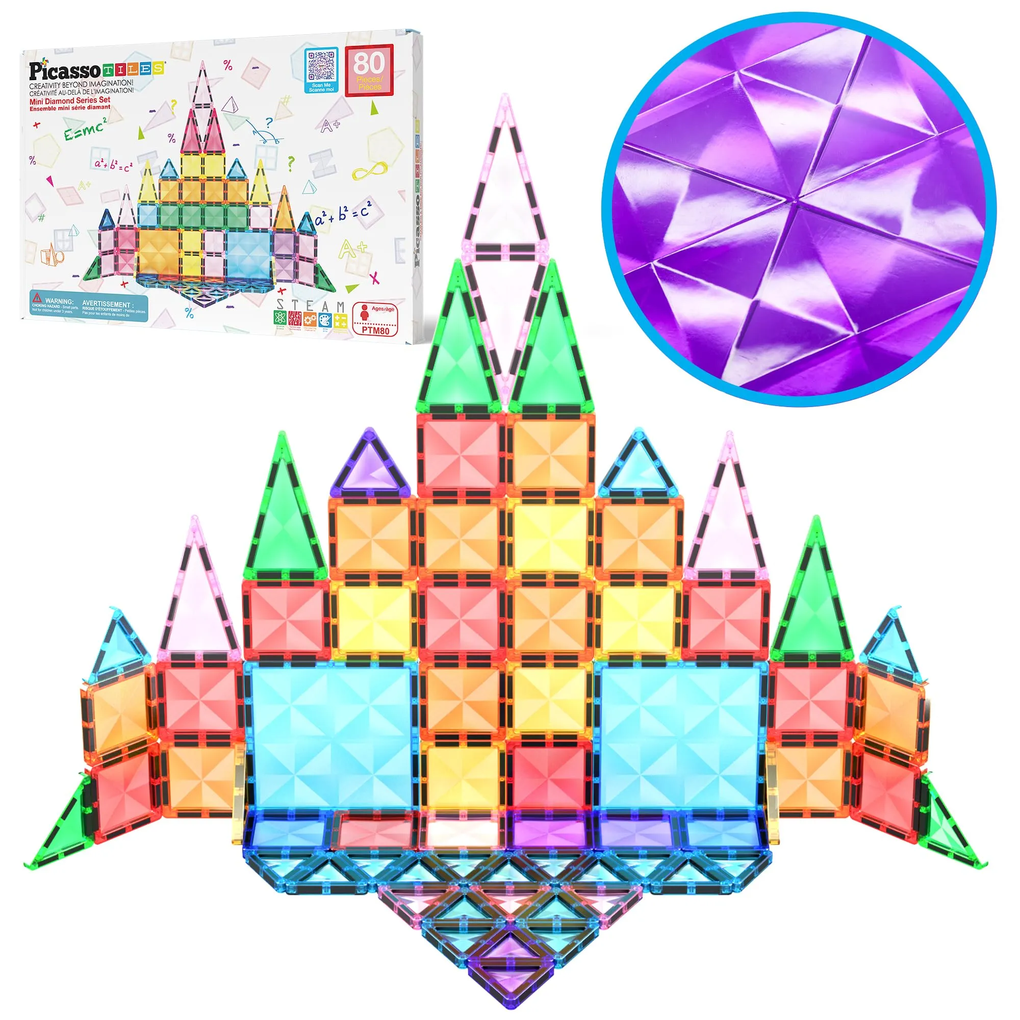 PicassoTiles 80 pezzi Magnetic Building Block Mini Diamond Series Travel Size On-The-Go Magnet Construction Toy Set STEM Learning Kit Educational Playset Child Brain Development Stacking Blocks PTM80
