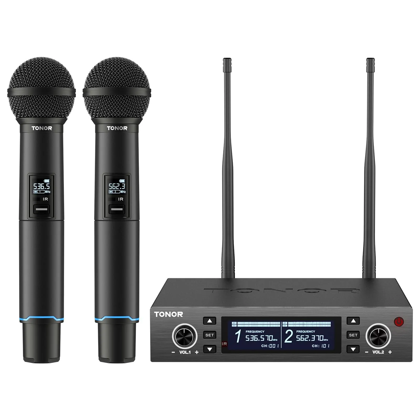 TONOR sistema microfono wireless, microfono ricaricabile professionale, microfono dinamico cordless in metallo 2x100 UHF per karaoke, chiesa, canto, matrimonio, riunione, DJ, Auto Scan, 328ft, TW750