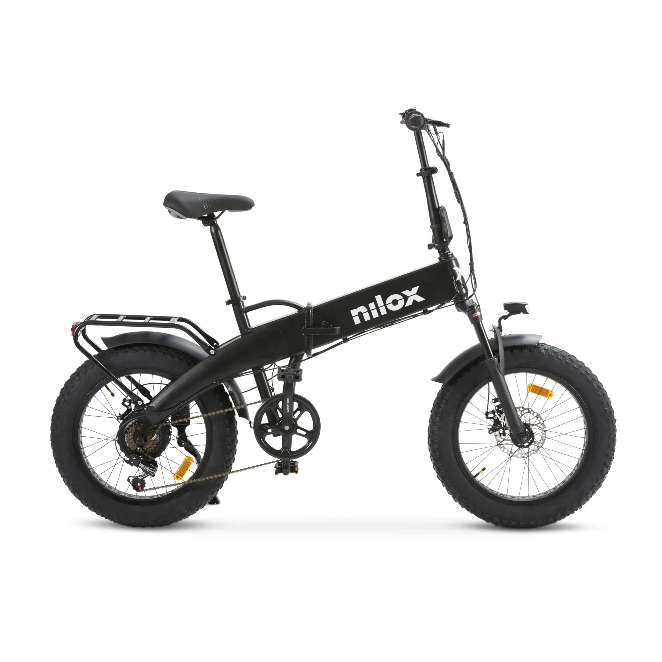 Nilox, Ebike X10, Bici Elettrica Pieghevole, Fino a 70 km di Autonomia, Fino a 25 Km/h, Motore da 36 V/250 W e Batteria 36V-13 Ah, Gomme FAT 20"x4", Cambio a 6 Velocità, Colore Nero