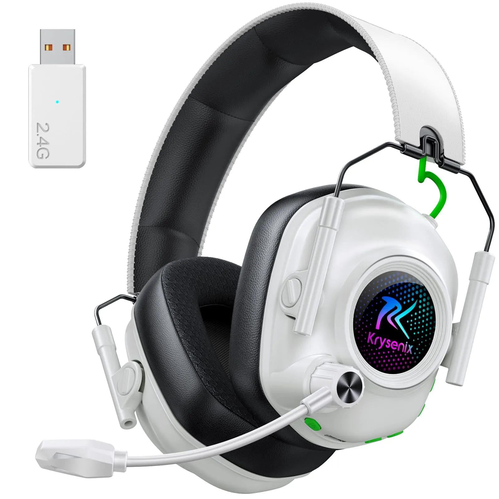 Krysenix Cuffie Gaming Wireless per PS5, PS4, PC, Mac, Switch, 2.4GHz Cuffie Bluetooth con con Microfono Antirumore, 40H di Autonomia cuffie wireless, Luce LED, Bianco Puro