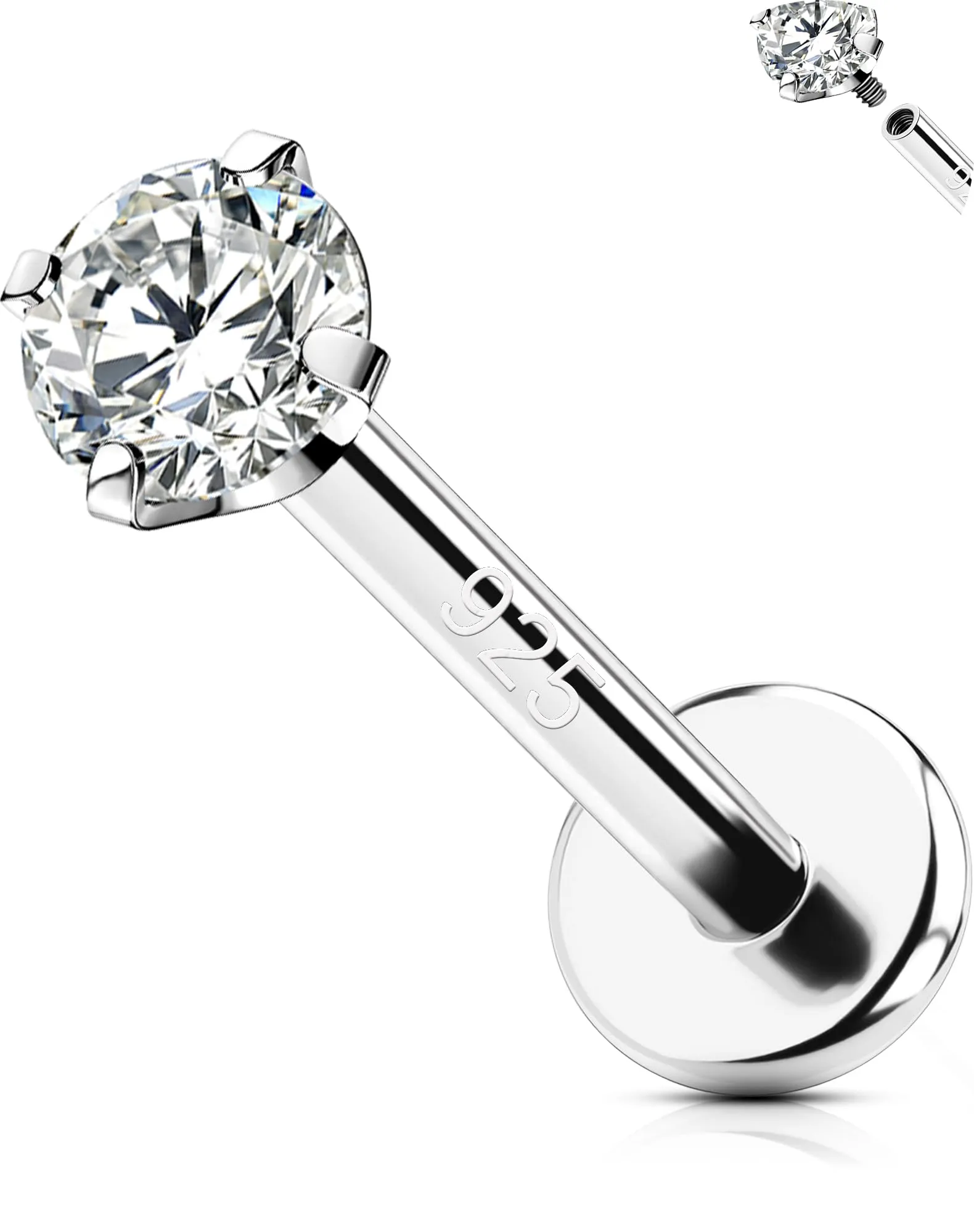 OUFER 16G Agrento 925 Piercing Orecchio Helix Internally Threaded Piercing Conch Agrento Piercing Oreille Cartilage Clear CZ Piercing Trago Lip Piercing 6 mm/8 mm/10 mm
