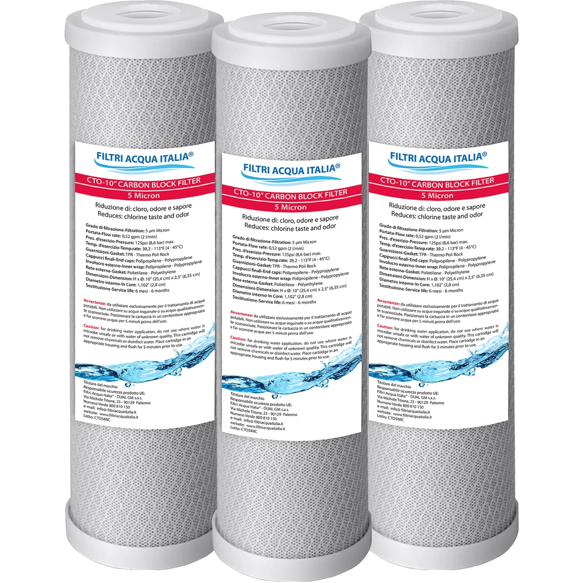 Cartuccia Carbon Block 5 Micron 10 Pollici CTO Filtro a carbone attivo per osmosi inversa Set 3 Pz. Filtri Acqua Italia®