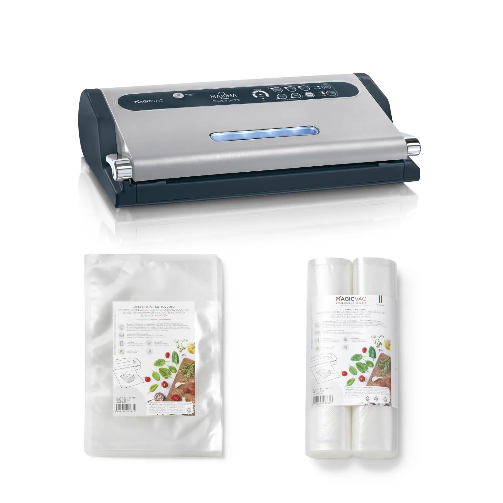 Magic Vac, Maxima 2 Macchina Sottovuoto Alimenti Multifunzione, 55 Sacchetti Sottovuoto 20x30 cm e 2 Rotoli Sottovuoto 30x600 cm, Made in Italy