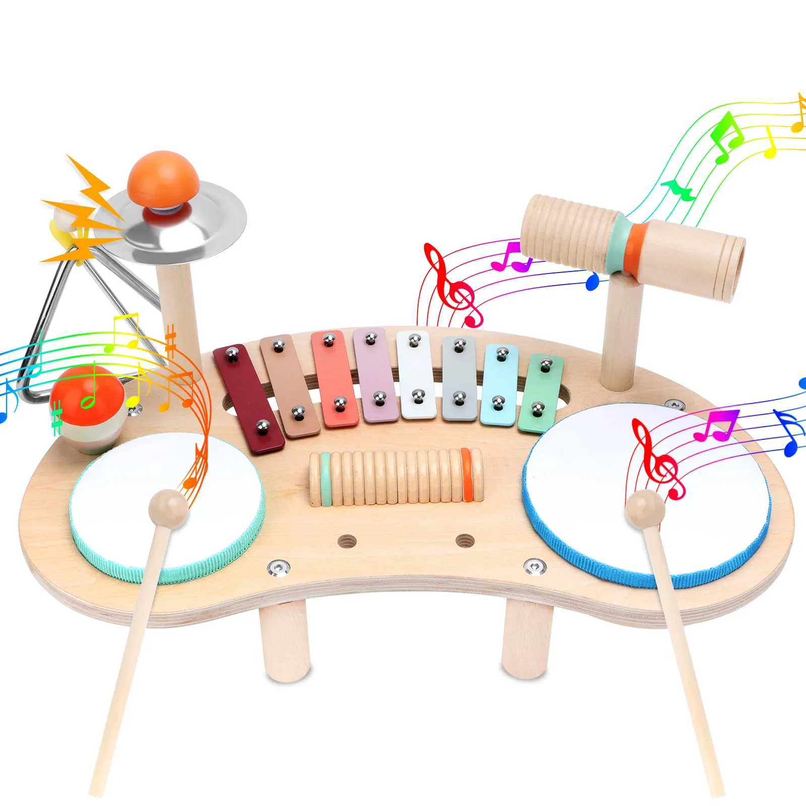9 In 1 Set di Batteria in Legno per Bambini, Strumenti Musicali in Legno Per Bambini Piccoli, Set di Batteria Xilofono Educativo Bambinis, Regali Feste e Compleanni per Bambinis dai 3 Ai 6 Anni