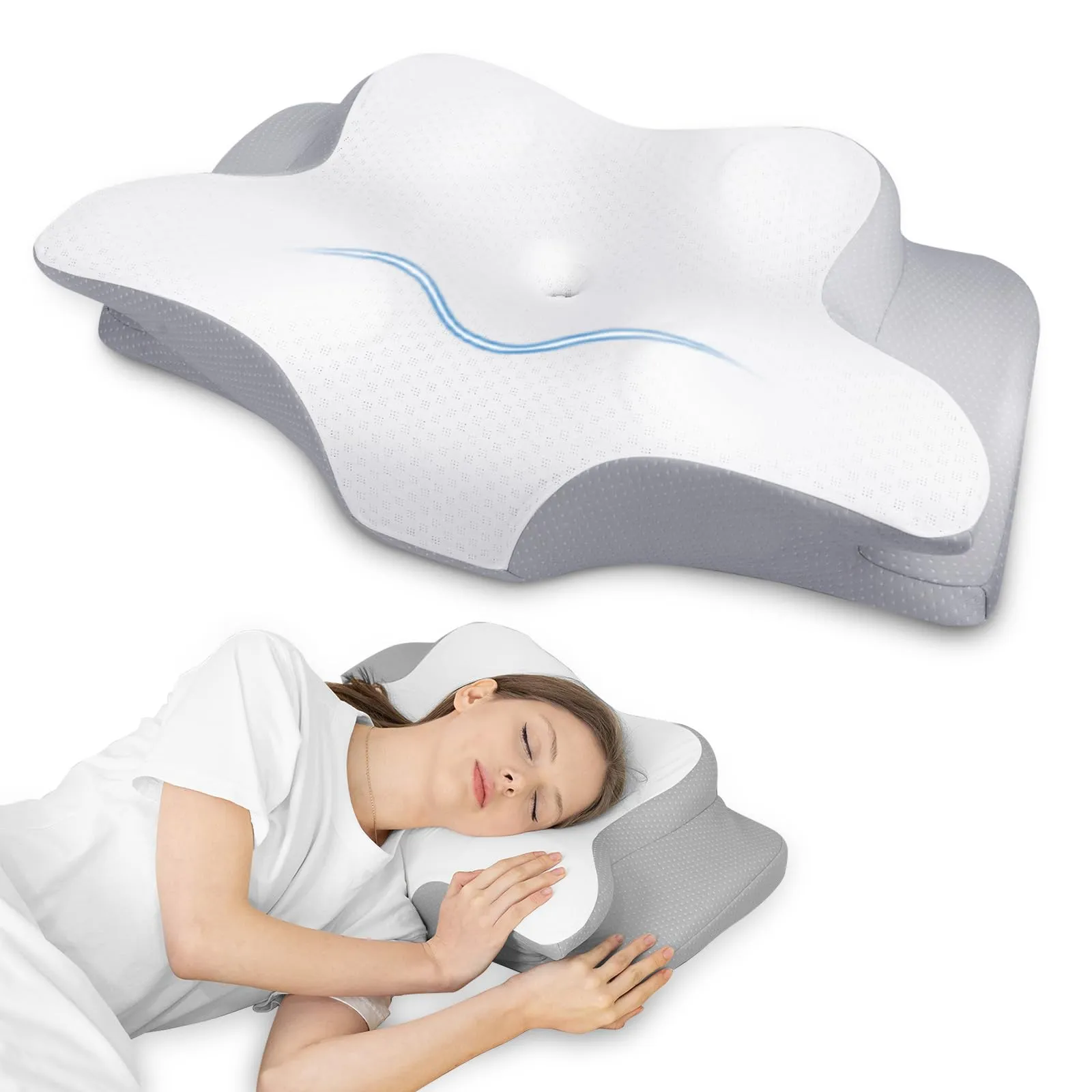 HOMCA Cuscino per il collo Cuscino per la testa, in memory foam Cuscino ergonomico per la testa Cuscino di raffreddamento 3D per la schiena, il fianco o la posizione prona, 62 x 41 x 8/10 cm