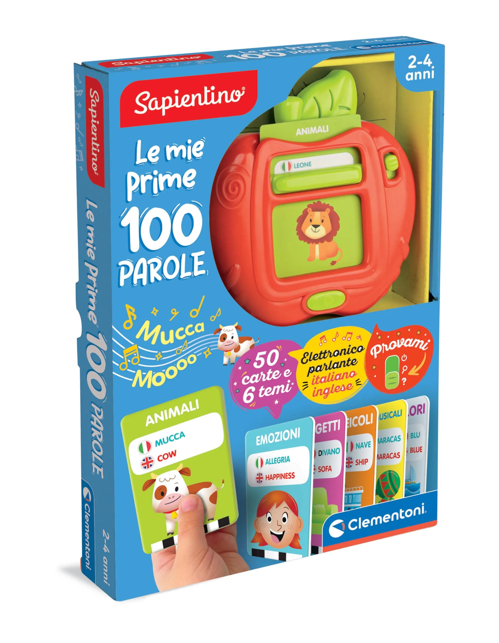 Clementoni Sapientino - Le Mie Prime 100 Parole, Gioco Educativo Elettronico Bambini 2-4 Anni, 50 Carte e 6 Temi, Flashcards in Italiano e Inglese per Imparare Nuovi Vocaboli, Lingua Italiana, 16818